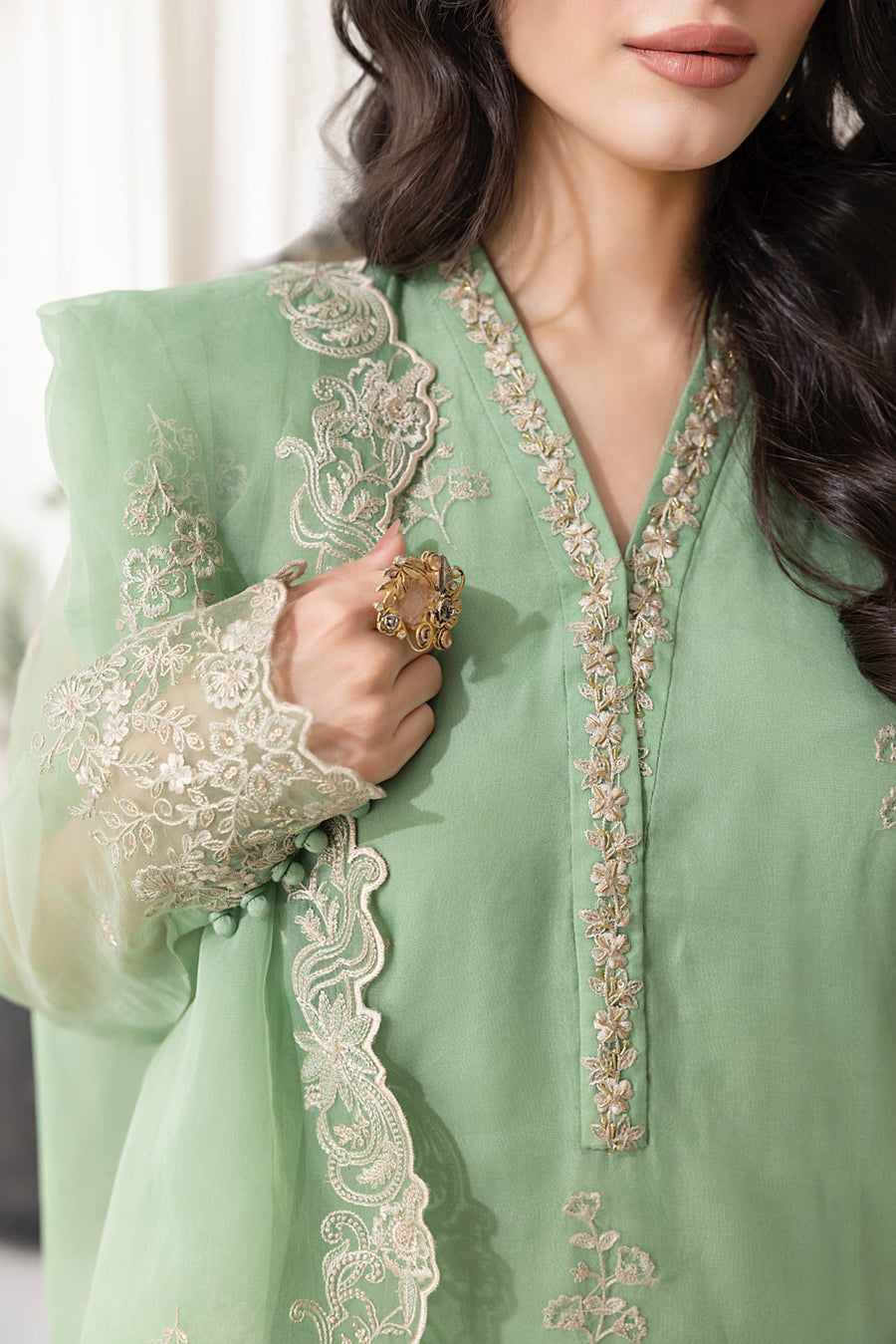 Soft Green Floral Embroidered Organza 3-Piece Ready-to-Wear Suit