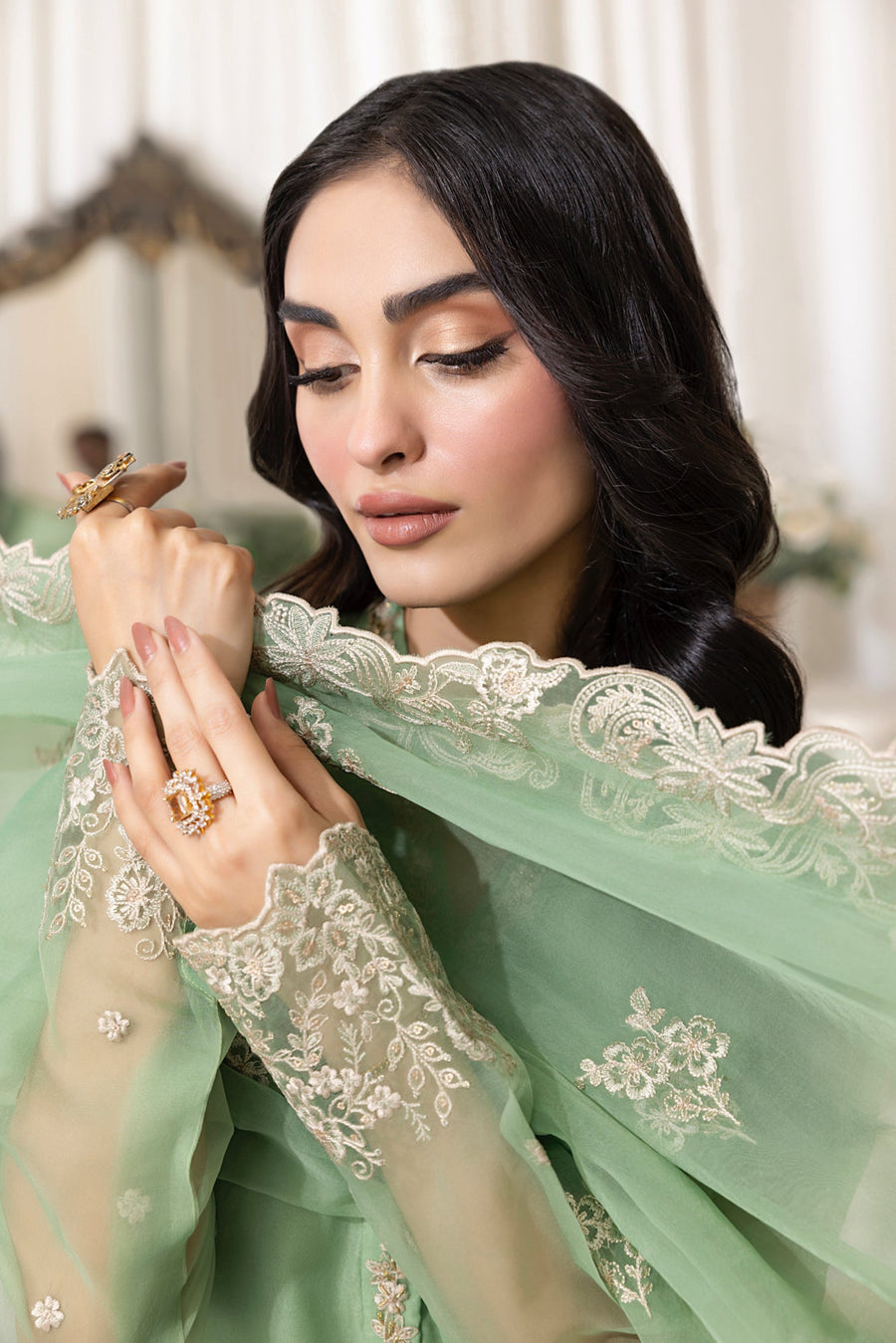 Soft Green Floral Embroidered Organza 3-Piece Ready-to-Wear Suit