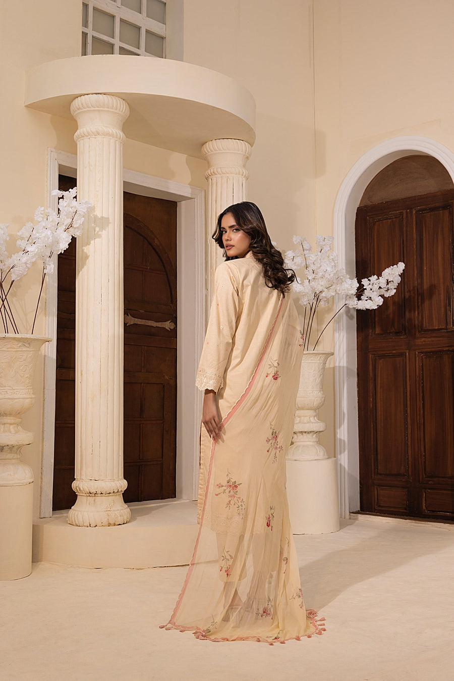 Beige Floral Embroidered Lawn 3-Piece Stitched Suit with Printed Chiffon Dupatta