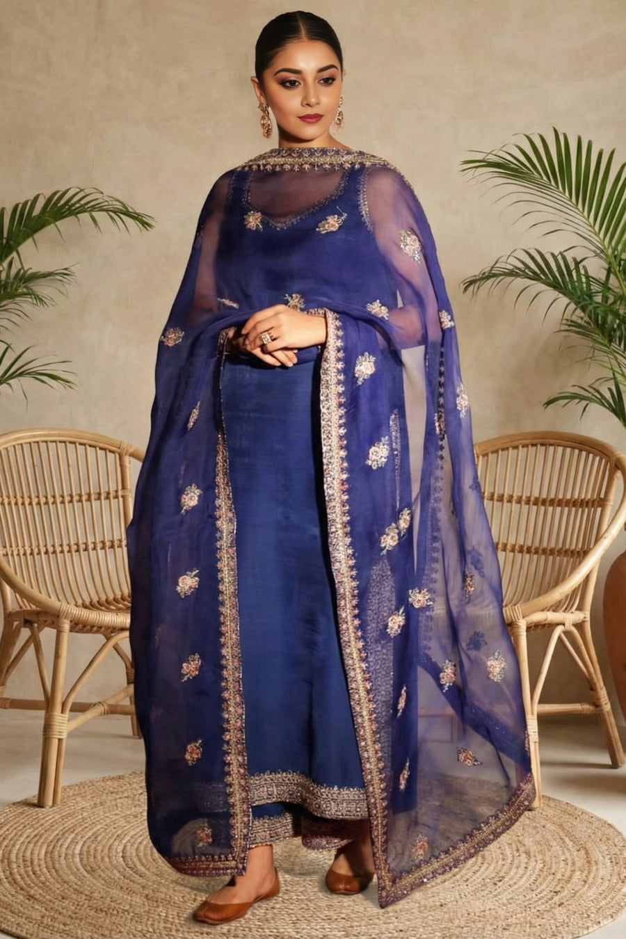 Woman wearing Neelofar deep blue embroidered 3-piece suit with sheer floral embroidered dupatta