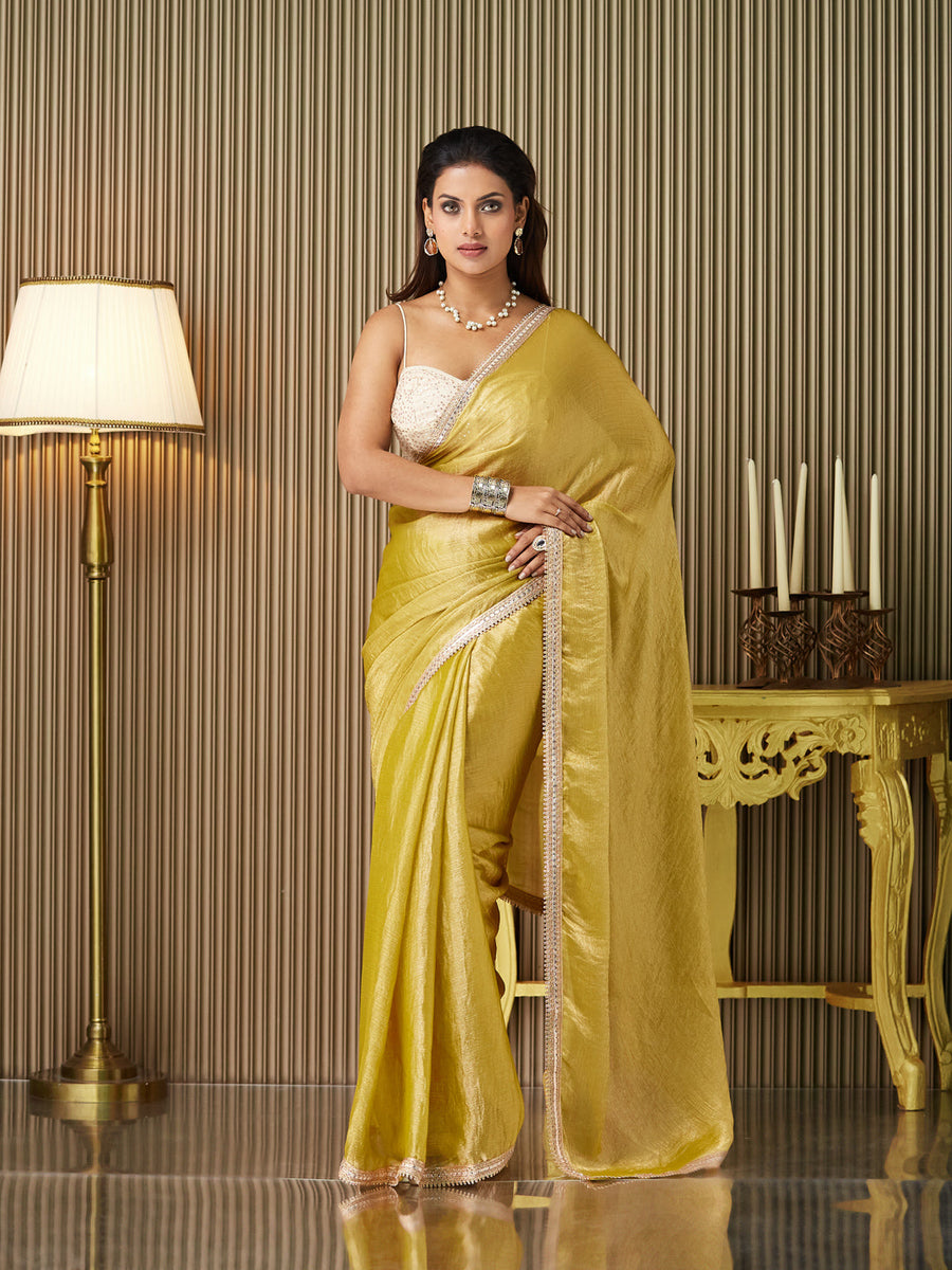 Gold Chiffon Embellished Saree With Blouse Piece - Pehnaawaa