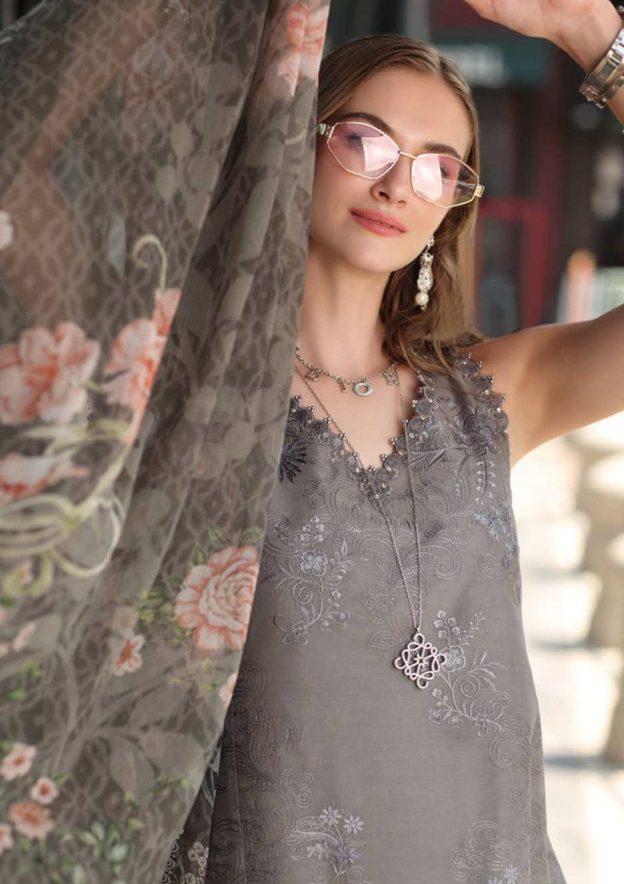 Charcoal Grey Luxe Chikankari Lawn Suit with Printed Chiffon Dupatta - Pehnaawaa