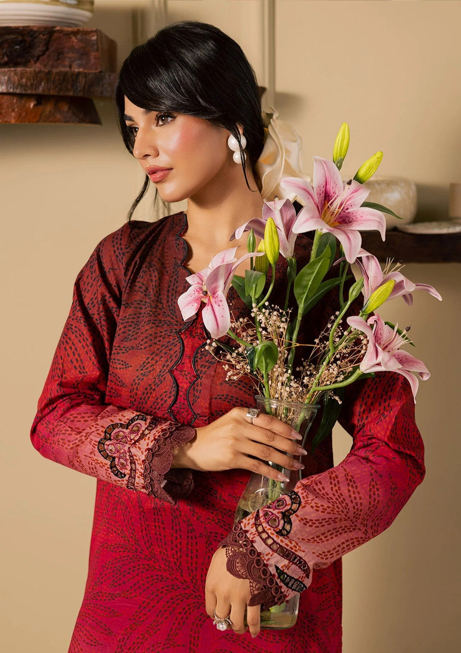 Dark Red Maroon Printed Chikankari Lawn Kurta Set - Pehnaawaa