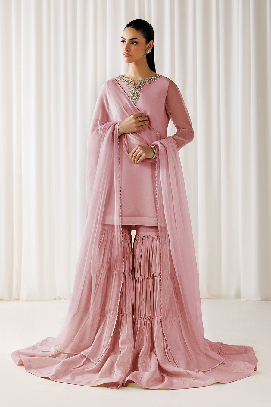 Embroidered Chiffon 3-Piece Formal Suit with Gharara