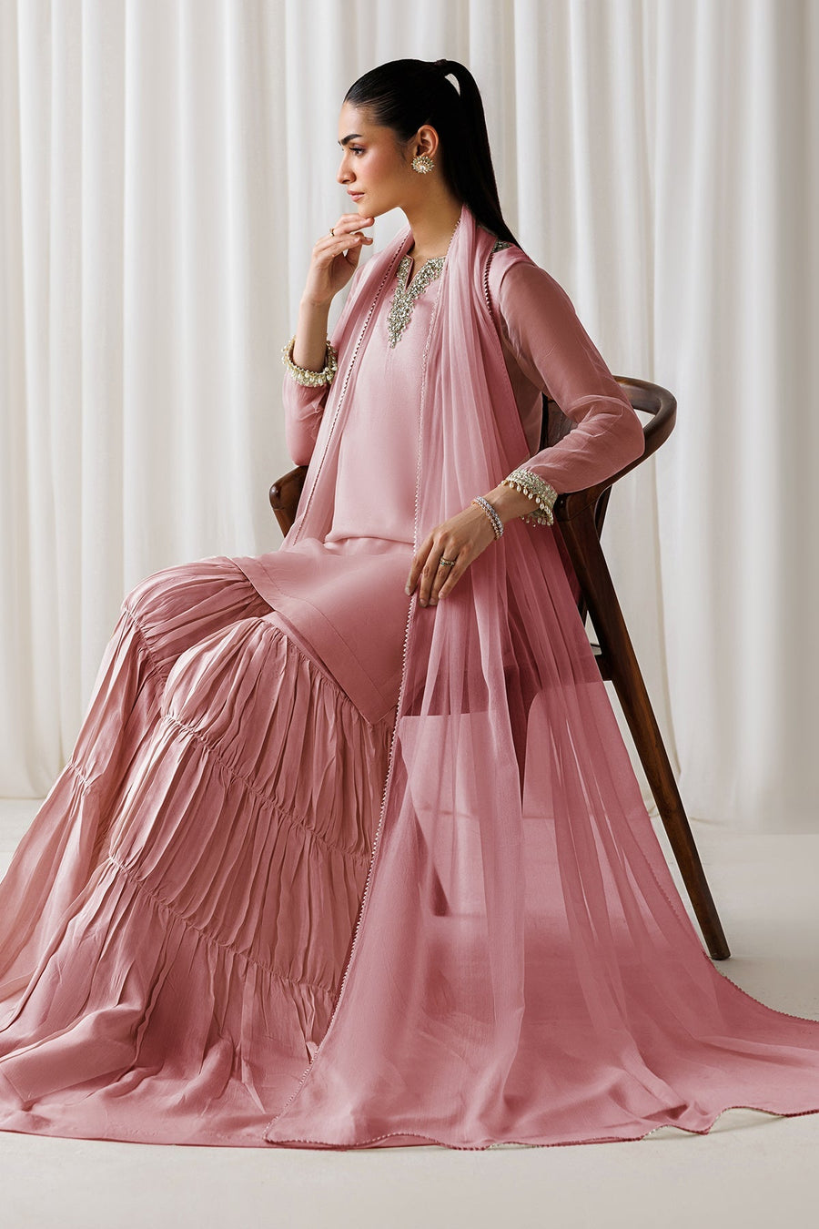 Embroidered Chiffon 3-Piece Formal Suit with Gharara