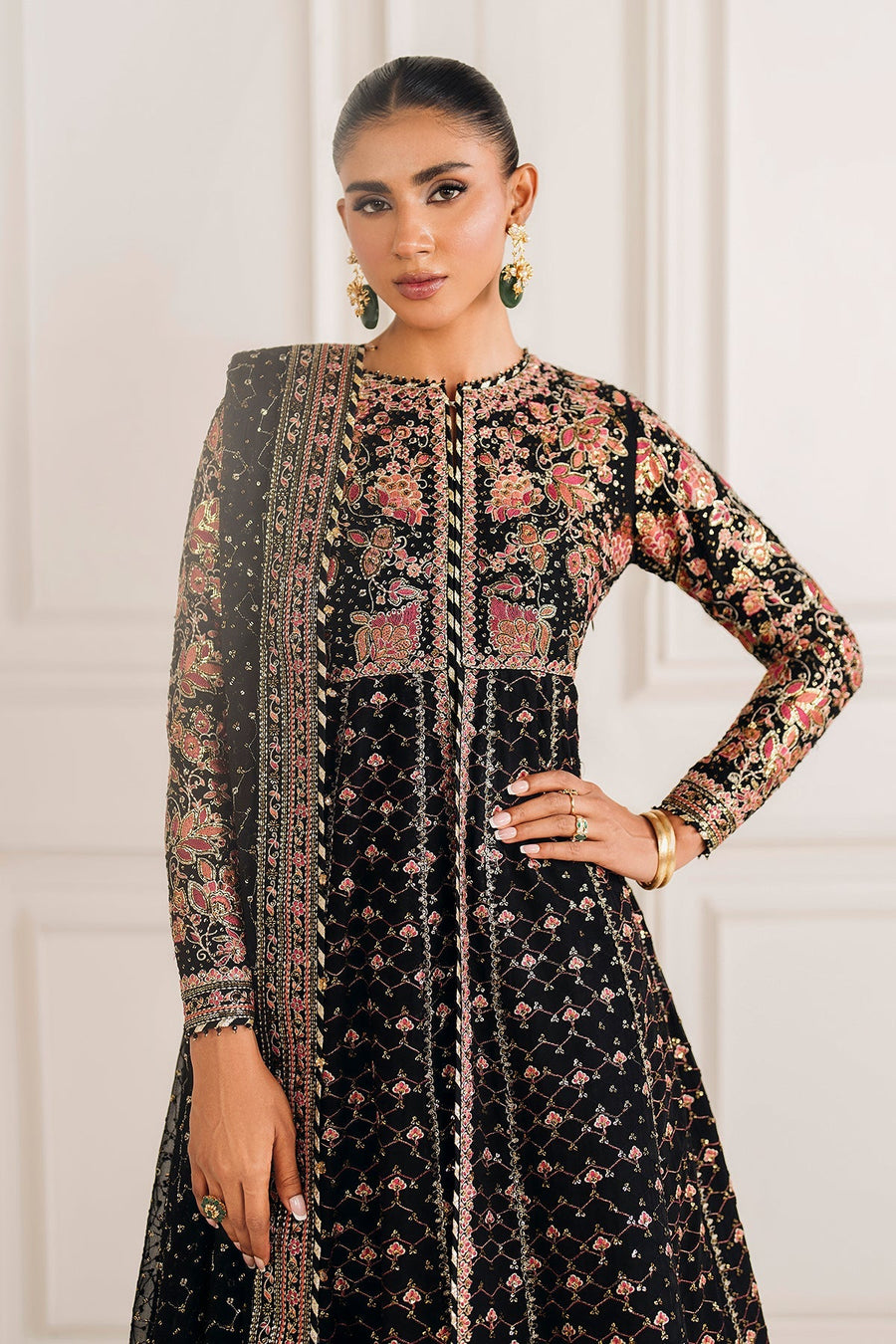 Black Embroidered Chiffon Lehenga Suit with Organza Dupatta | SF-4156