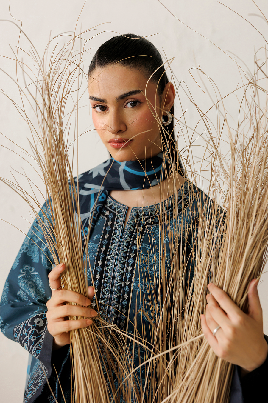 Steel Blue Digital Printed Lawn Suit with Embroidered Shirt and Chiffon Dupatta