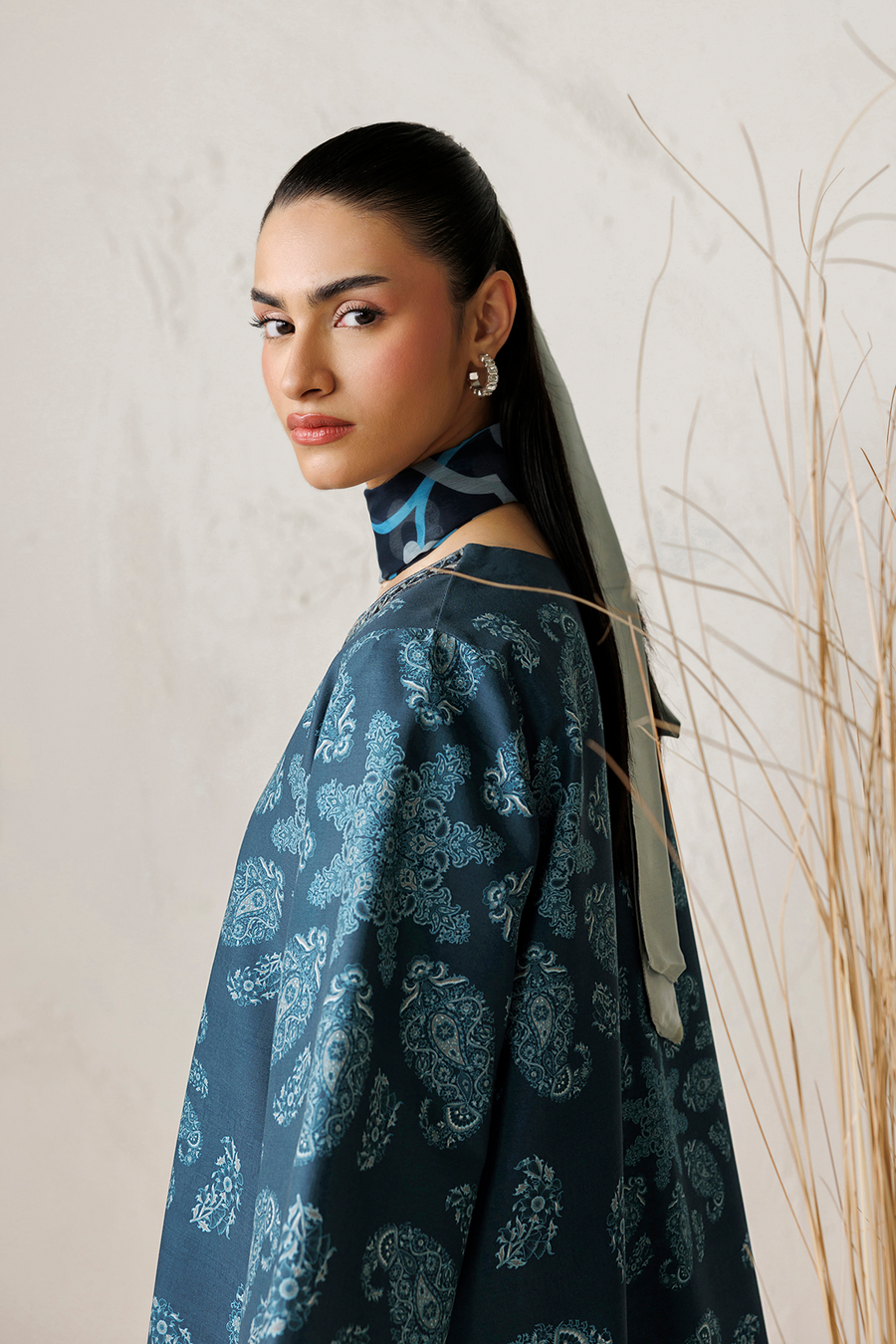 Steel Blue Digital Printed Lawn Suit with Embroidered Shirt and Chiffon Dupatta