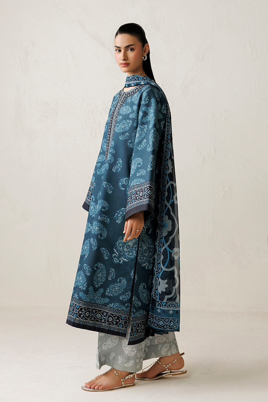 Steel Blue Digital Printed Lawn Suit with Embroidered Shirt and Chiffon Dupatta