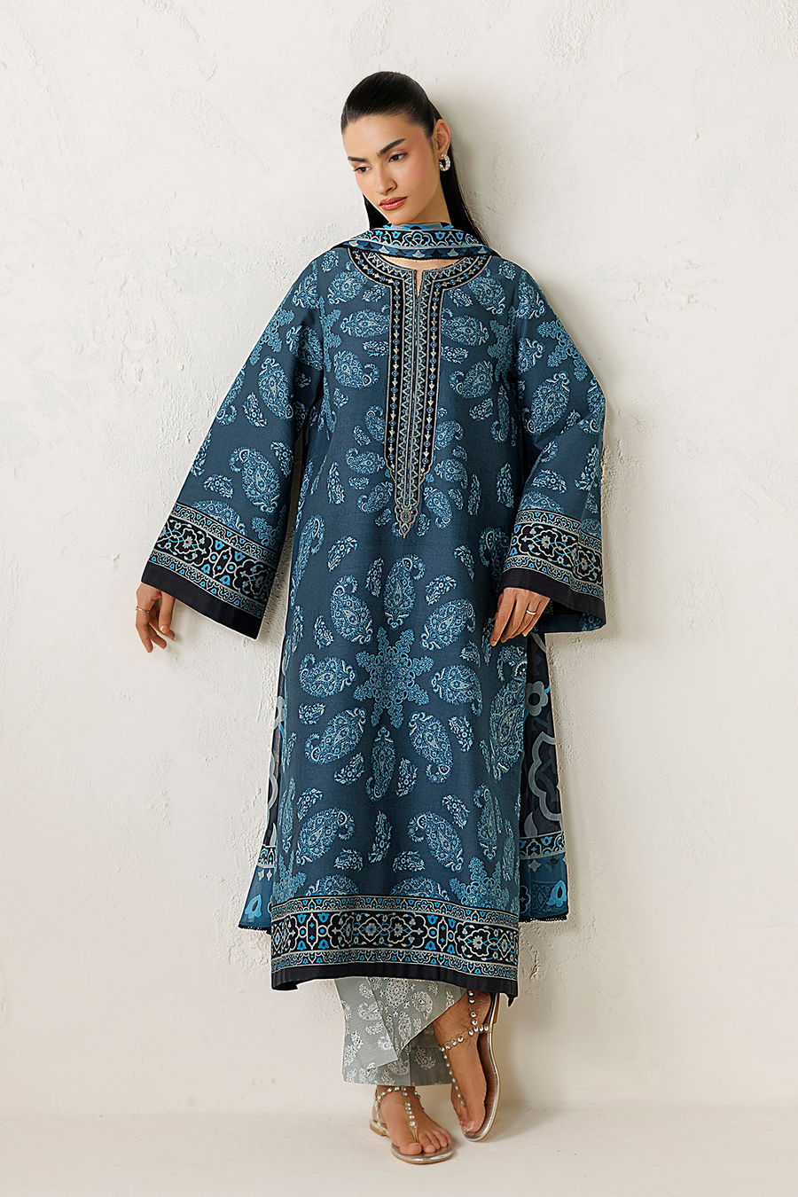 Steel Blue Digital Printed Lawn Suit with Embroidered Shirt and Chiffon Dupatta