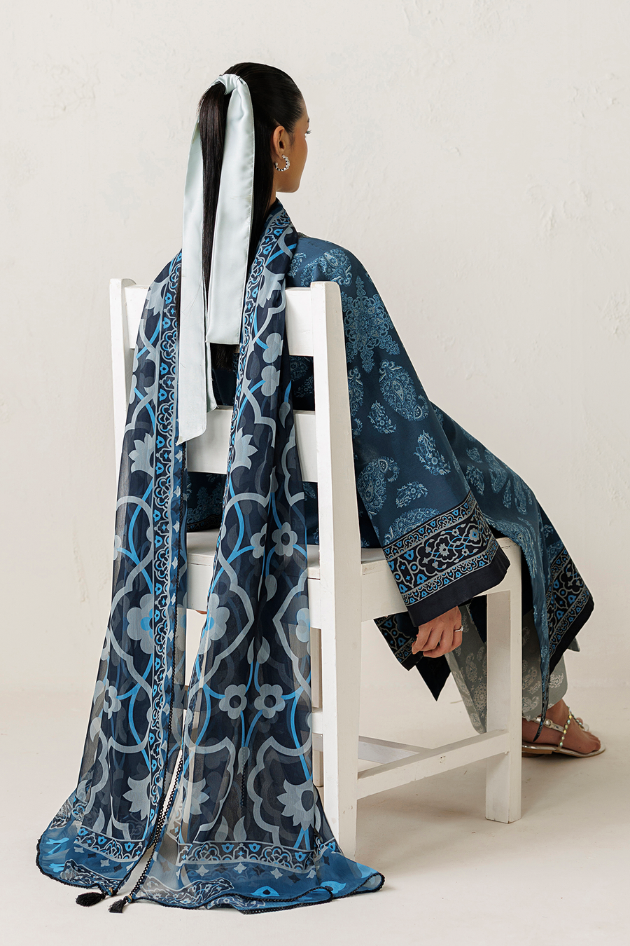 Steel Blue Digital Printed Lawn Suit with Embroidered Shirt and Chiffon Dupatta