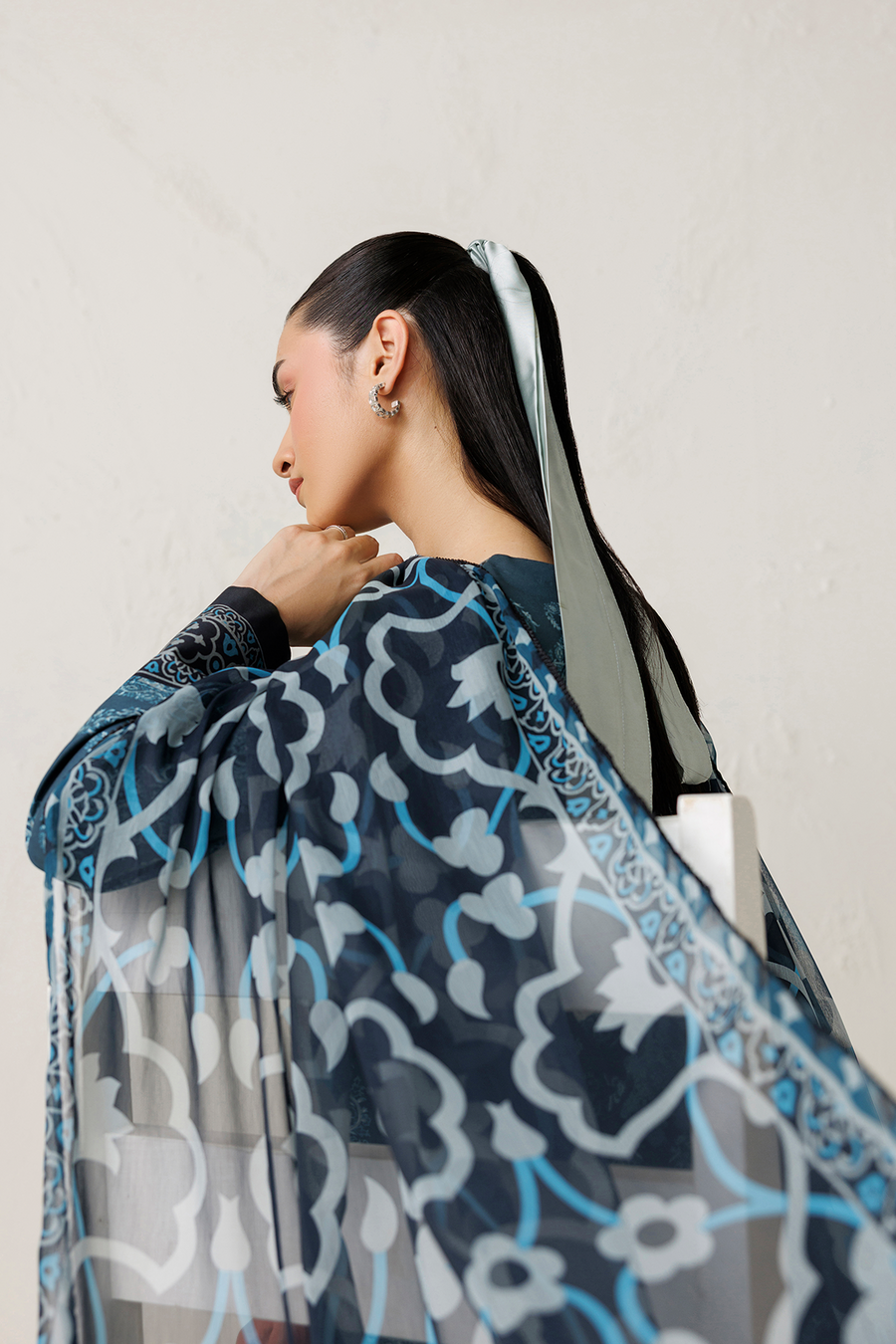 Steel Blue Digital Printed Lawn Suit with Embroidered Shirt and Chiffon Dupatta