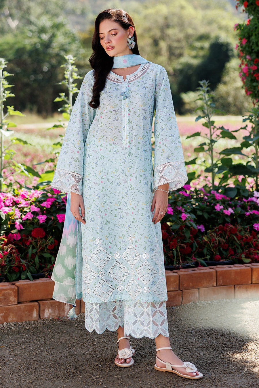Powder Blue Embroidered Digital Printed Lawn Suit with Tissue Silk Dupatta