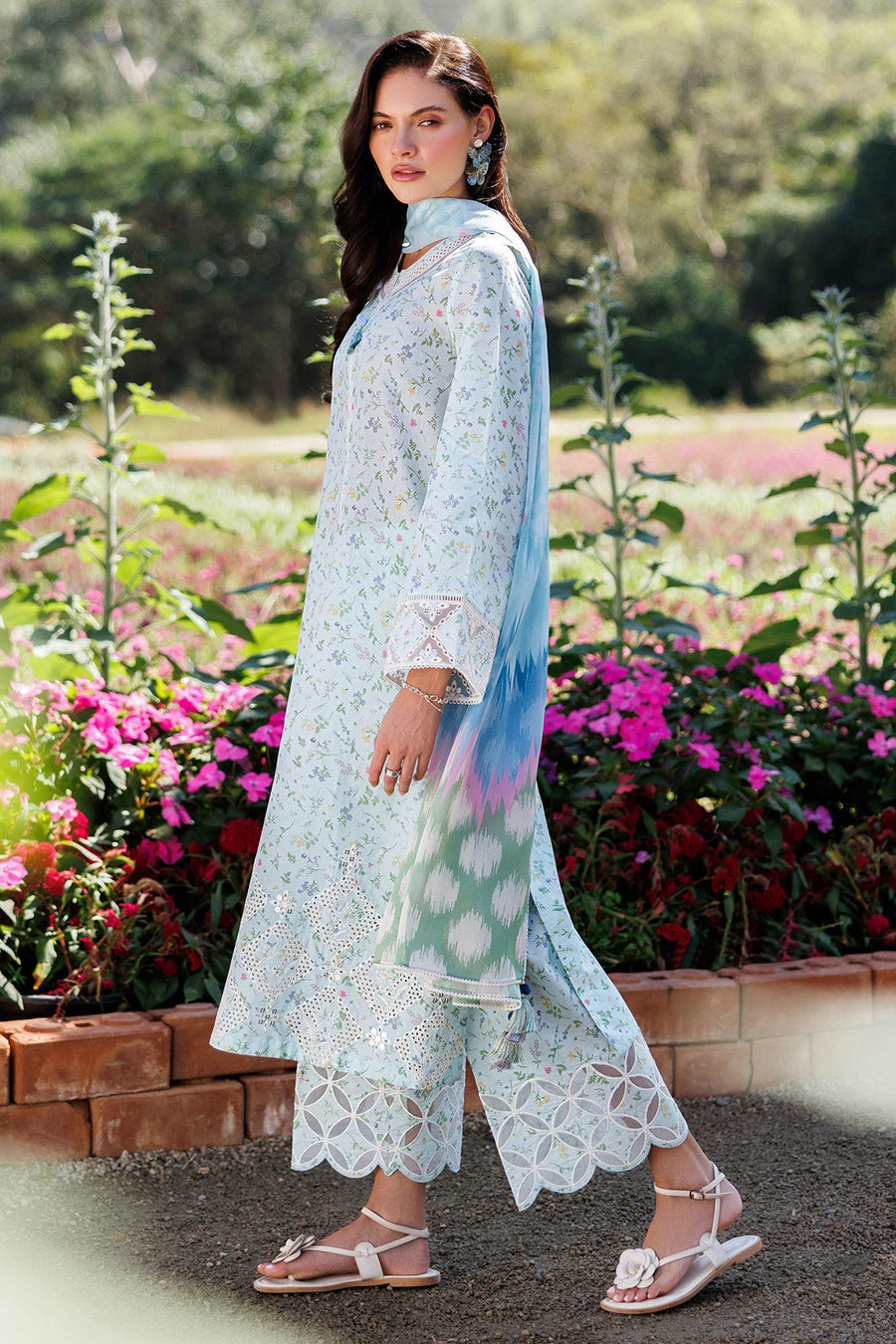Powder Blue Embroidered Digital Printed Lawn Suit with Tissue Silk Dupatta