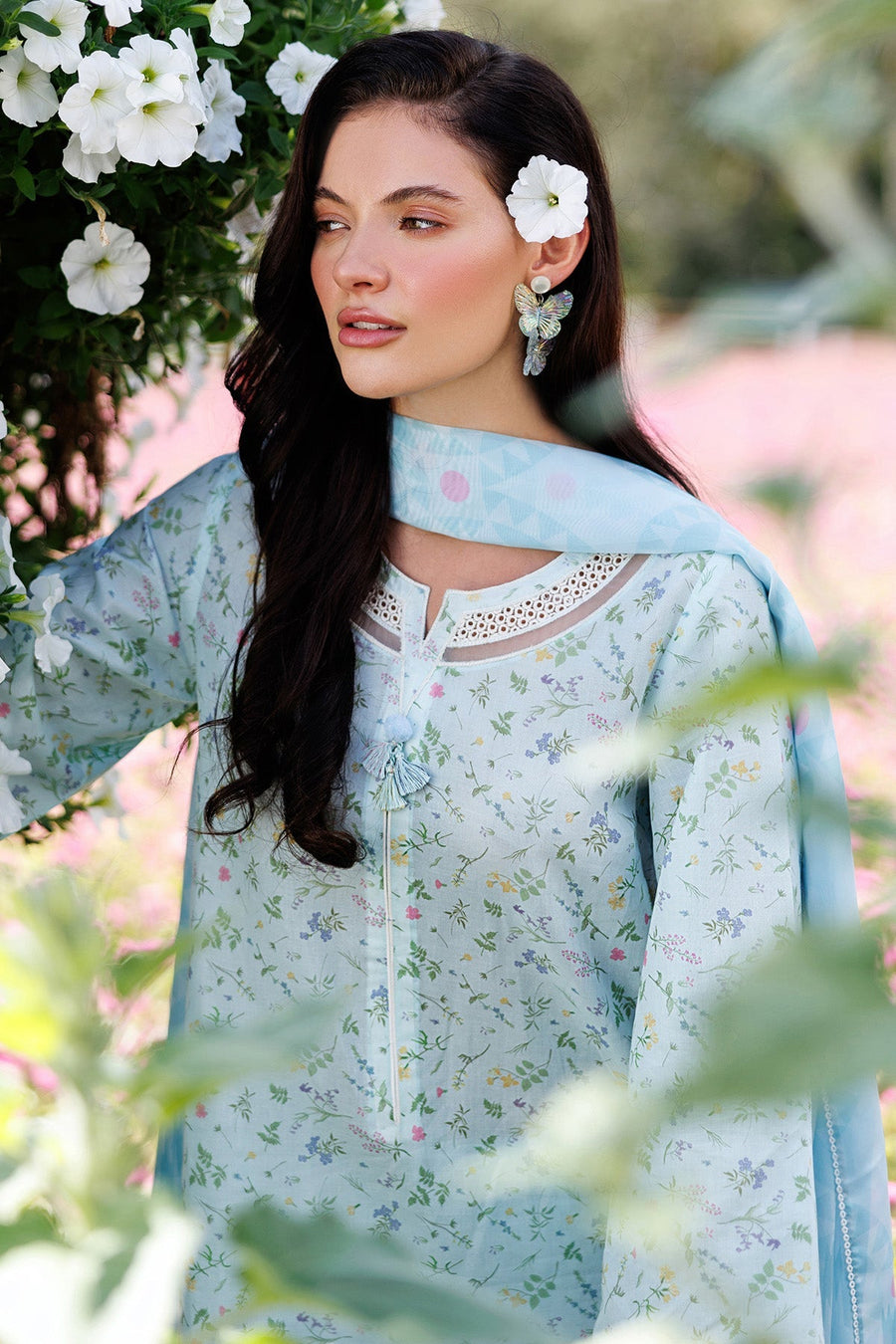 Powder Blue Embroidered Digital Printed Lawn Suit with Tissue Silk Dupatta