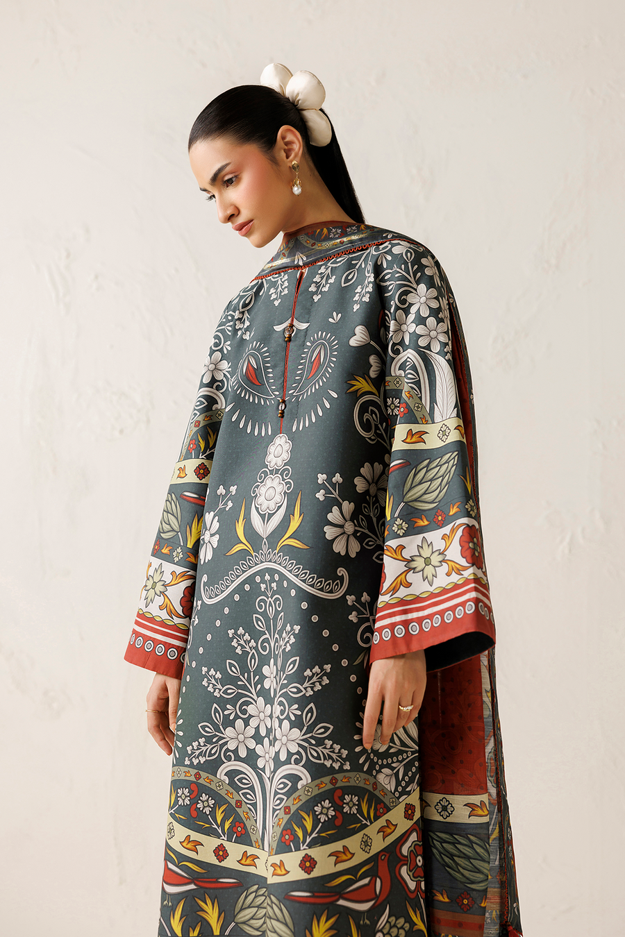 Charcoal Grey Digital Printed Lawn Suit with Cotton Silk Dupatta