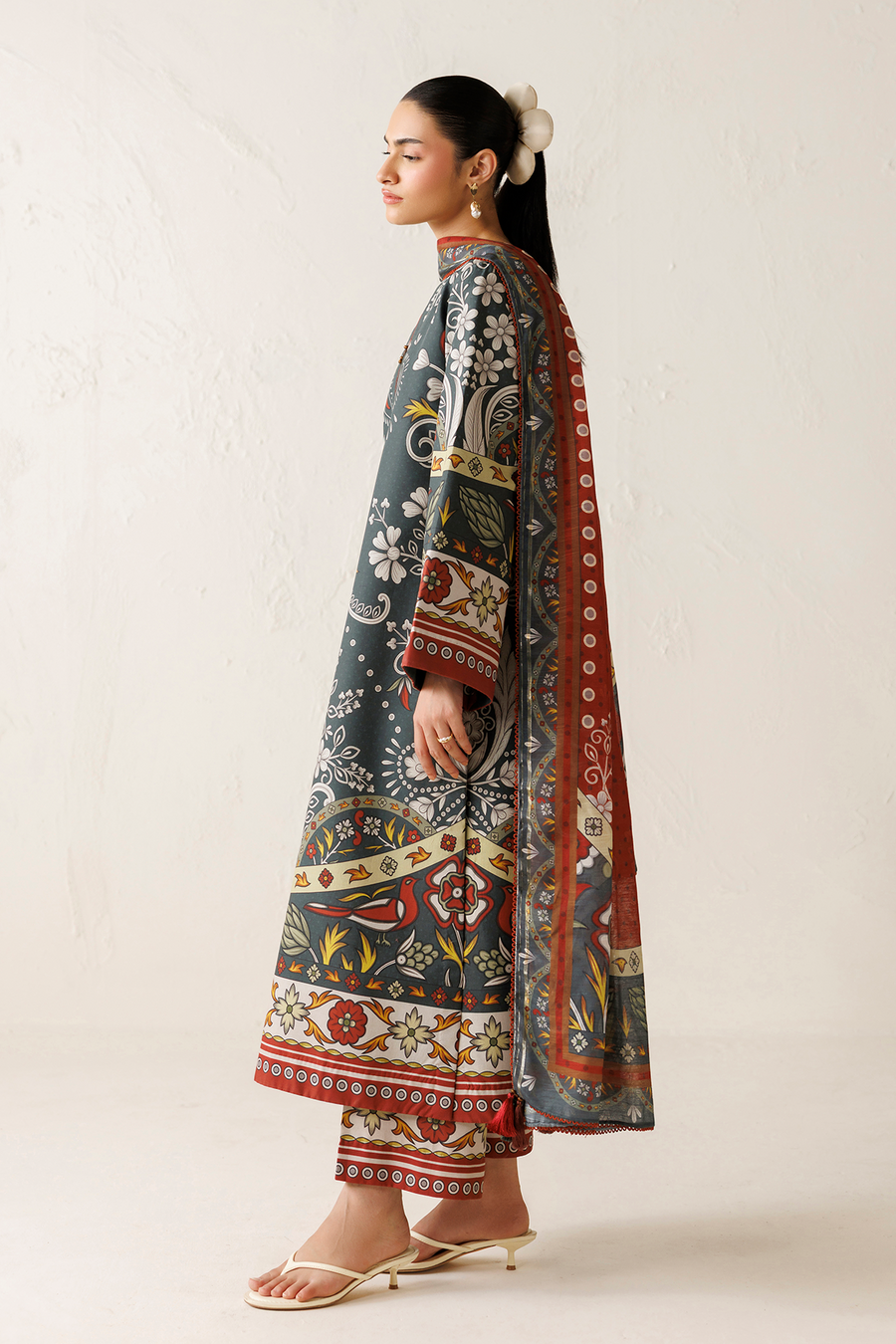 Charcoal Grey Digital Printed Lawn Suit with Cotton Silk Dupatta