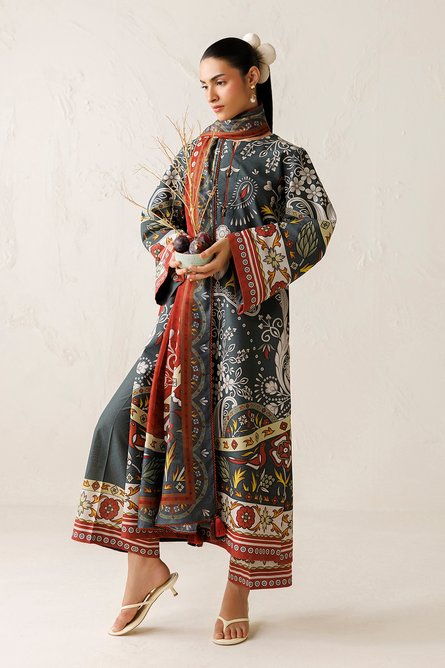 Charcoal Grey Digital Printed Lawn Suit with Cotton Silk Dupatta