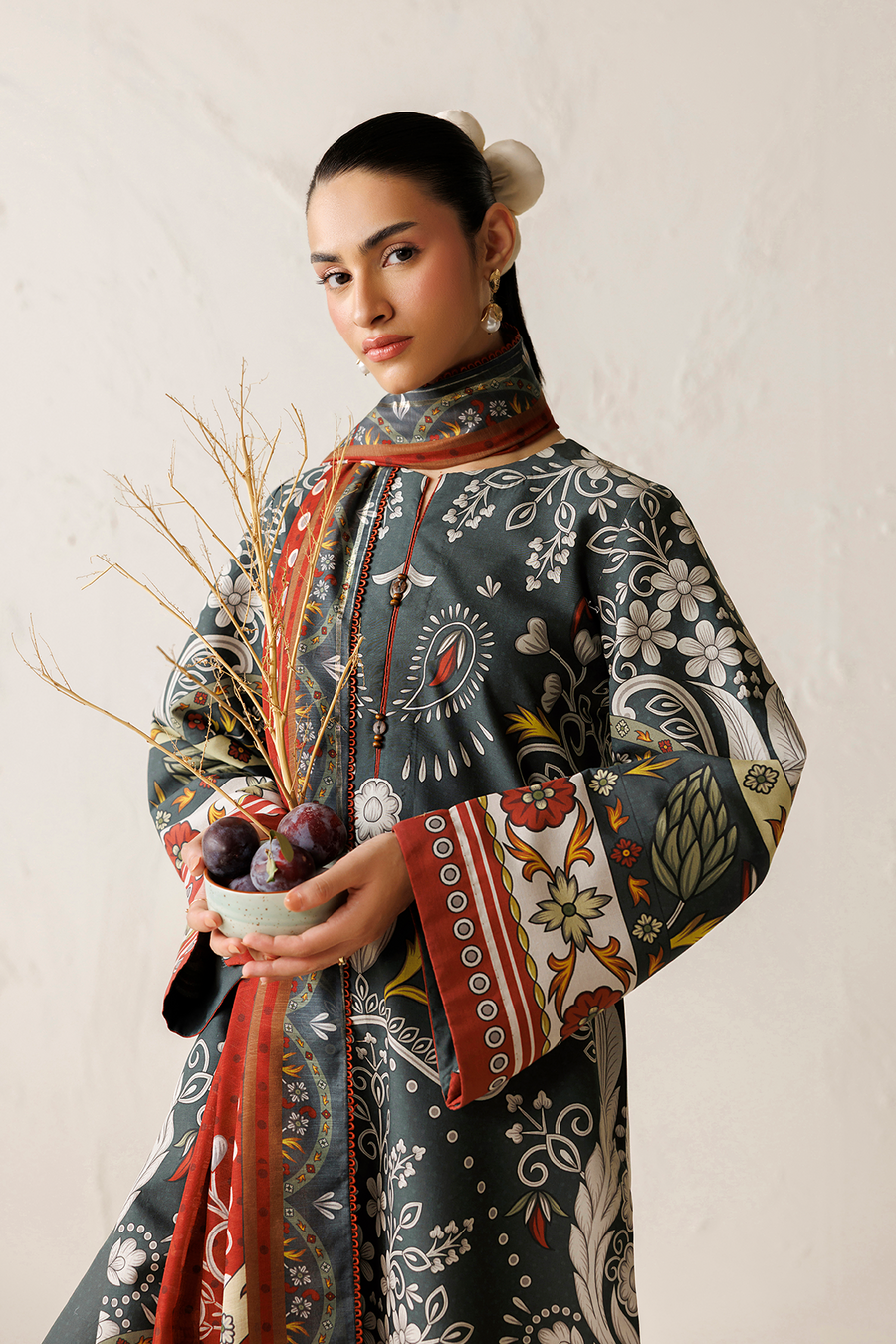 Charcoal Grey Digital Printed Lawn Suit with Cotton Silk Dupatta
