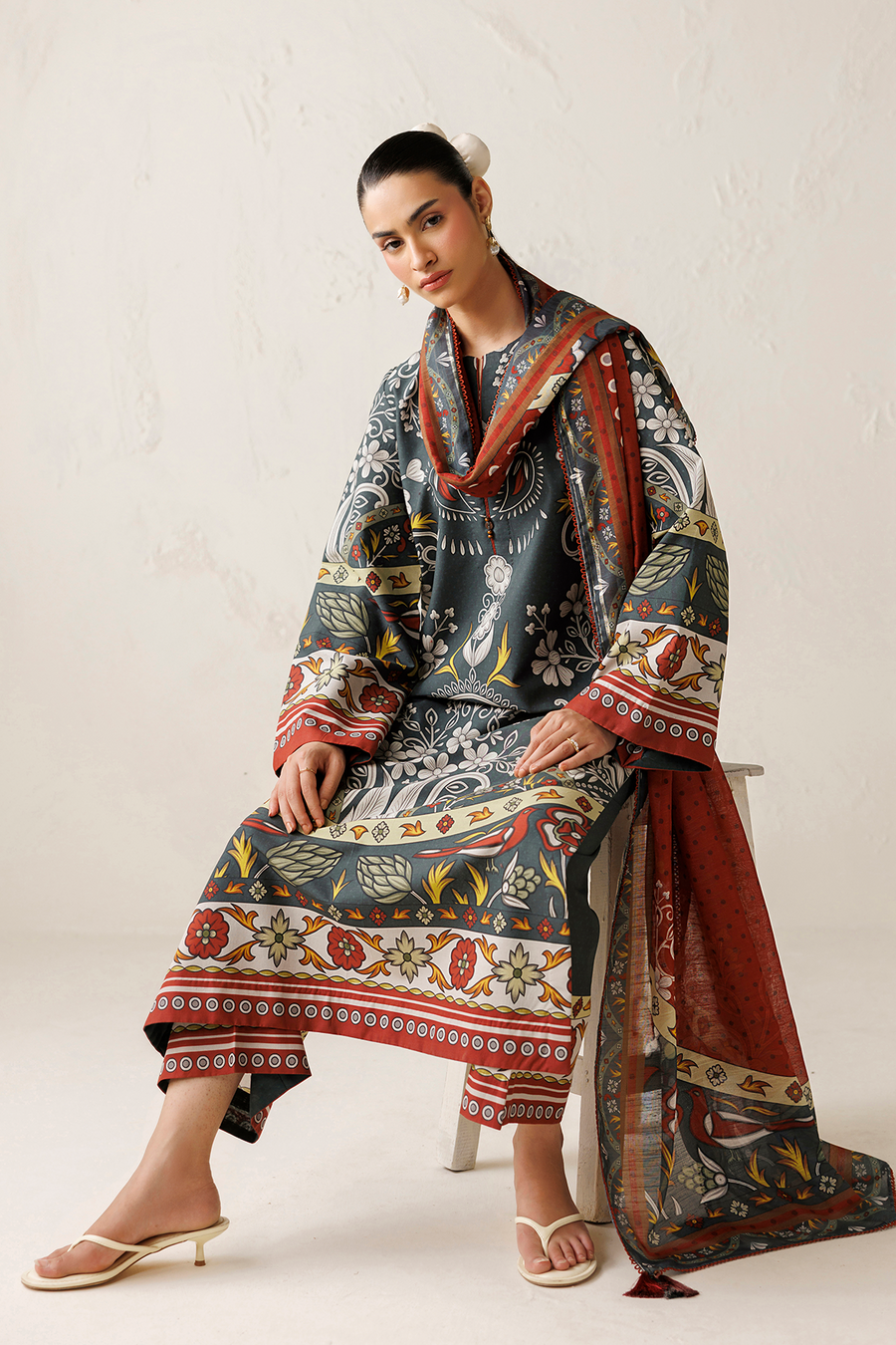 Charcoal Grey Digital Printed Lawn Suit with Cotton Silk Dupatta