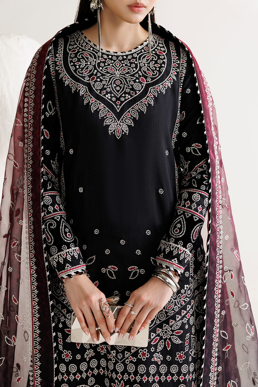 Black Embroidered Korean Raw Silk 3-Piece Suit with Maroon Printed Dupatta