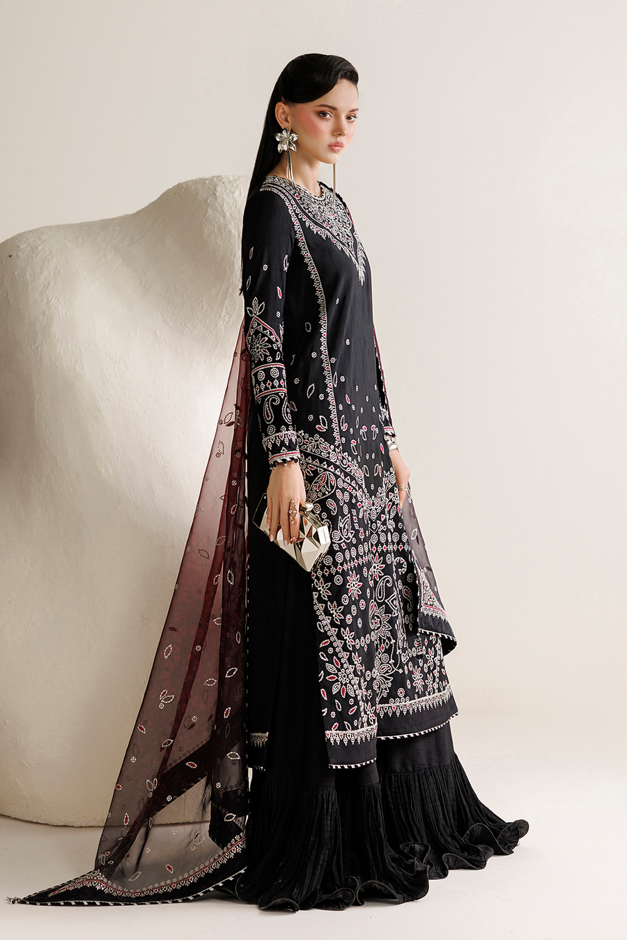 Black Embroidered Korean Raw Silk 3-Piece Suit with Maroon Printed Dupatta