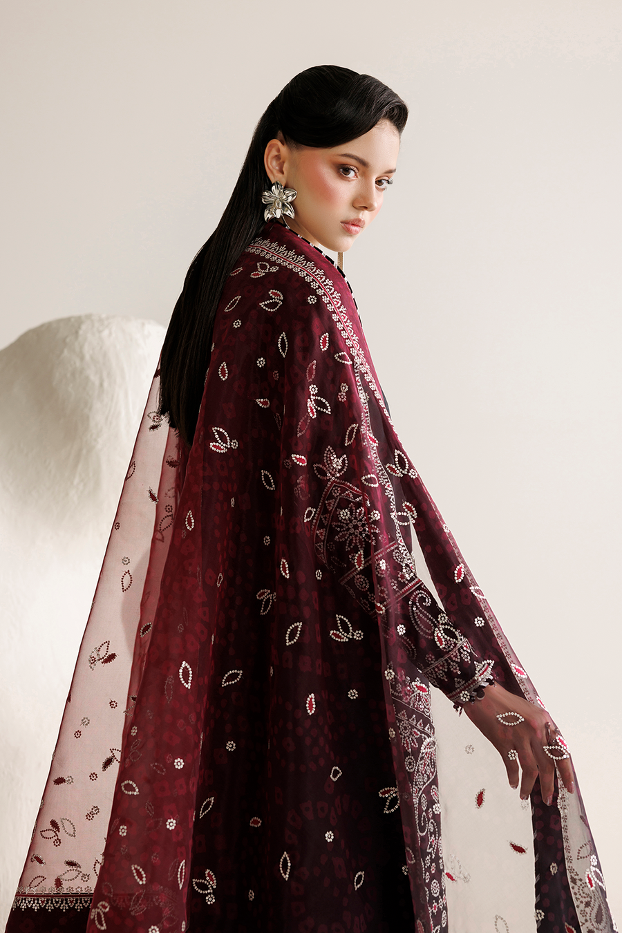Black Embroidered Korean Raw Silk 3-Piece Suit with Maroon Printed Dupatta