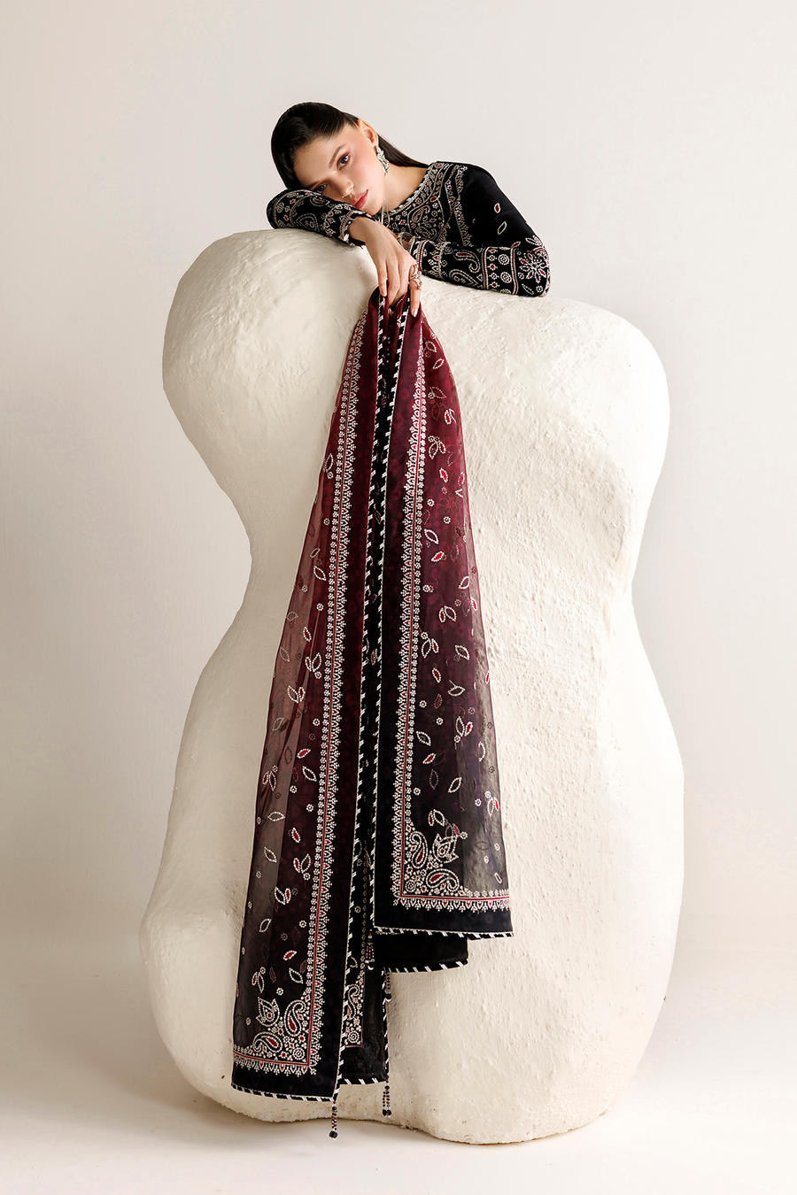Black Embroidered Korean Raw Silk 3-Piece Suit with Maroon Printed Dupatta