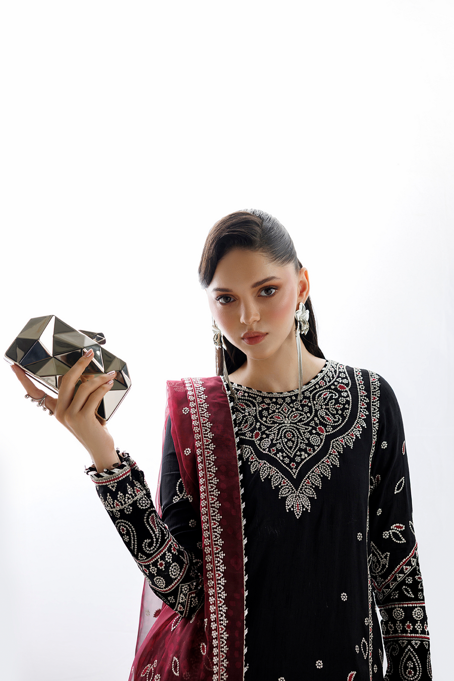 Black Embroidered Korean Raw Silk 3-Piece Suit with Maroon Printed Dupatta