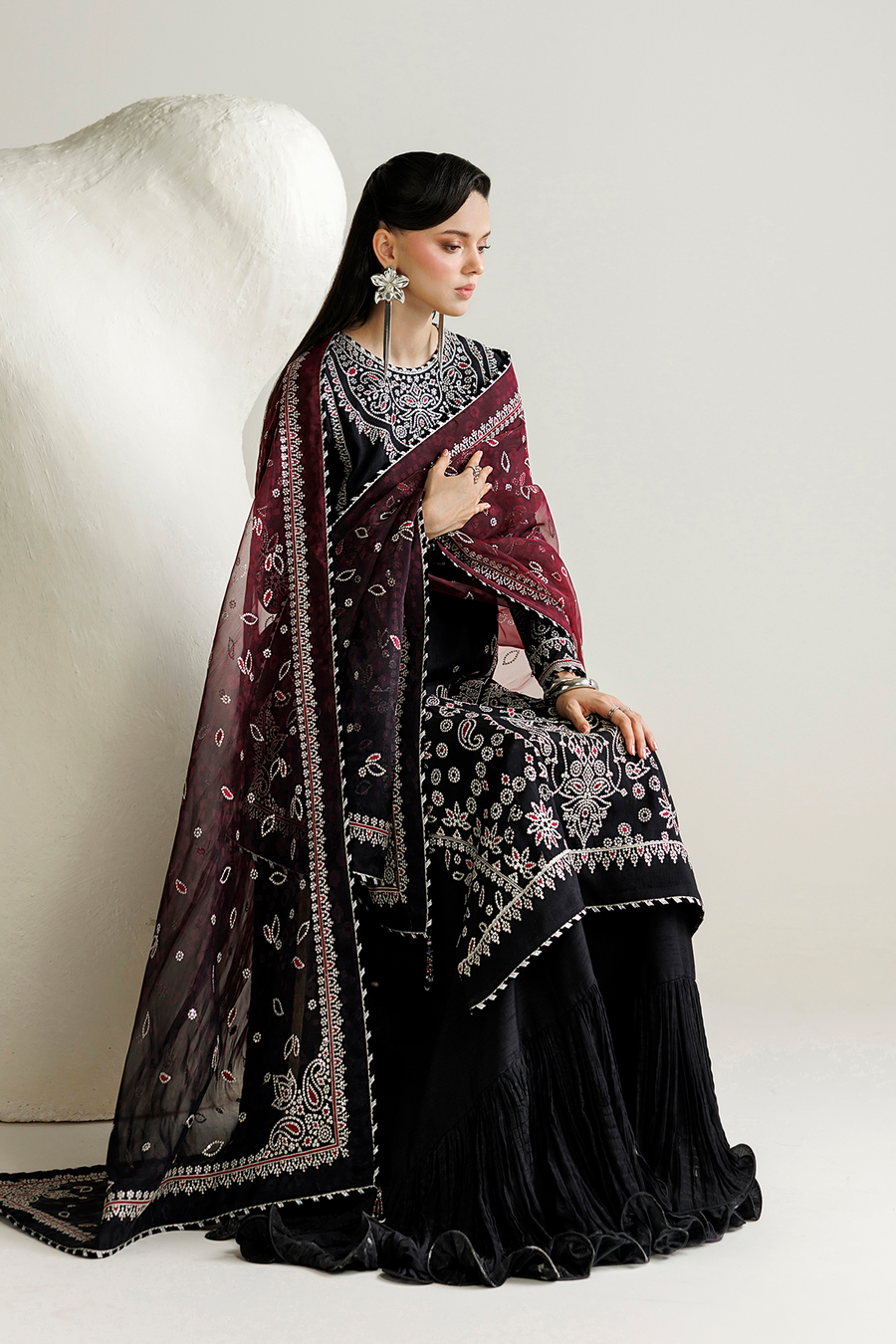 Black Embroidered Korean Raw Silk 3-Piece Suit with Maroon Printed Dupatta