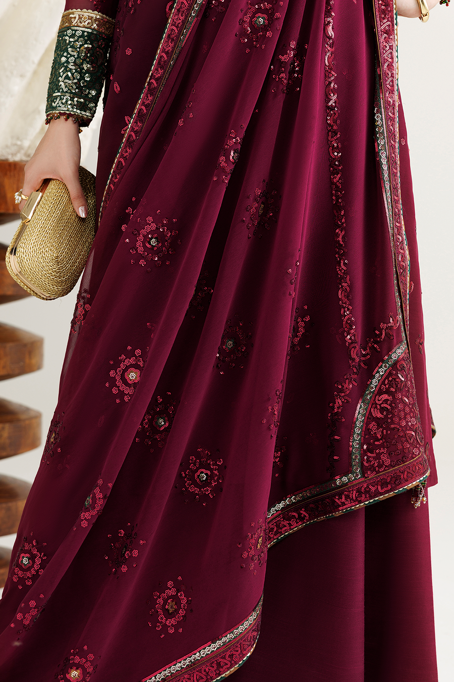 Deep Wine Embroidered Chiffon 3-Piece Suit with Contrasting Borders