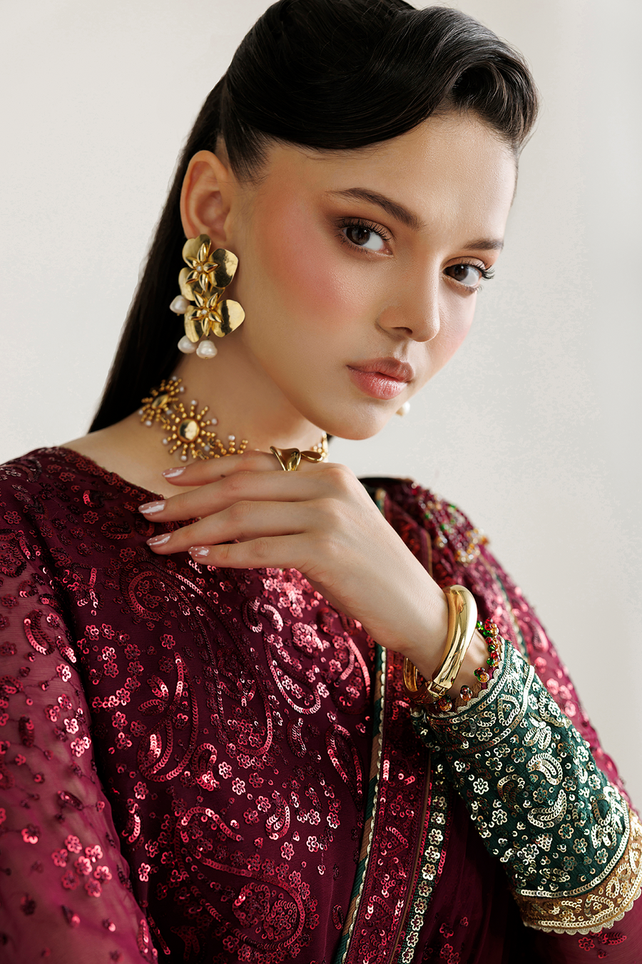 Deep Wine Embroidered Chiffon 3-Piece Suit with Contrasting Borders