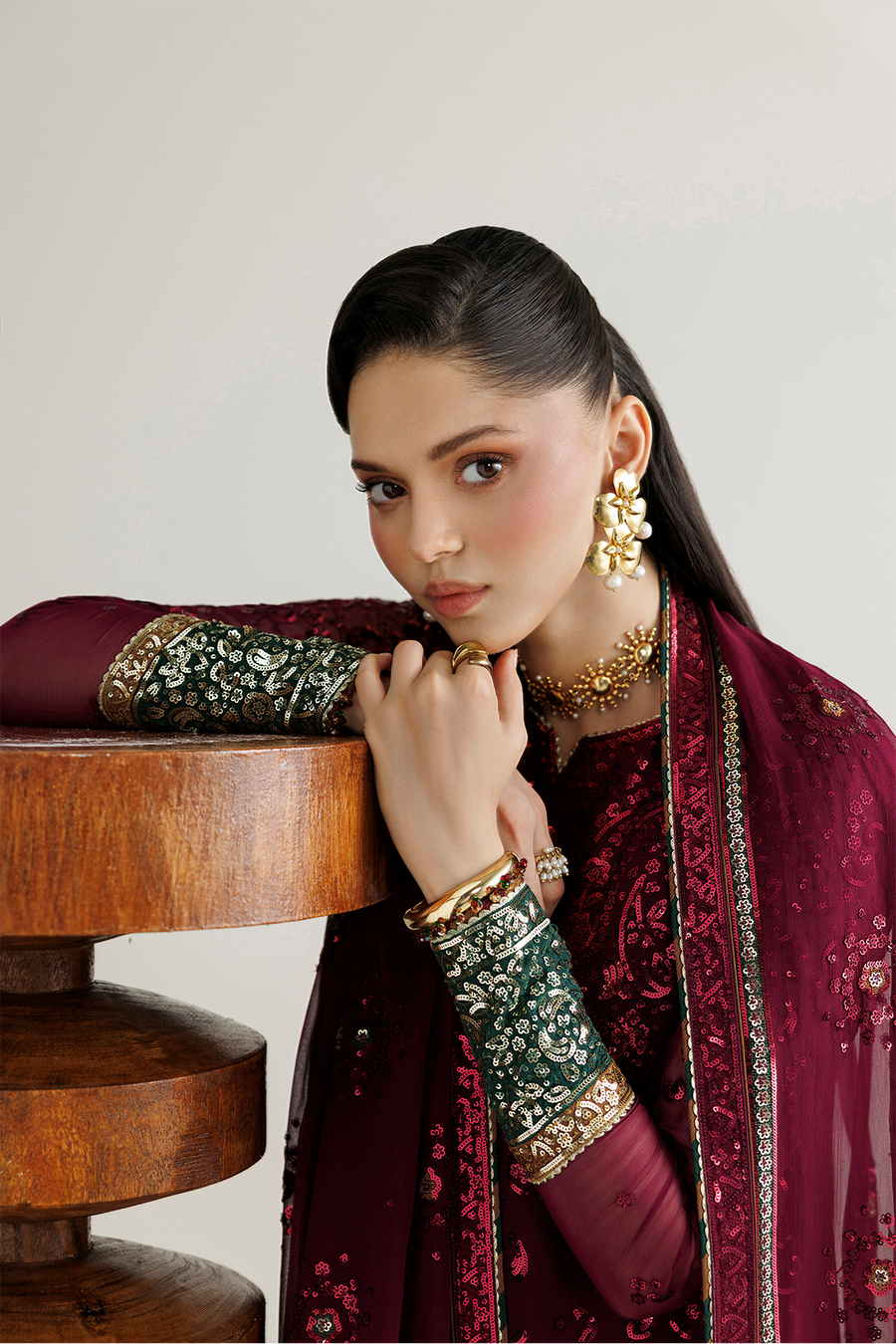 Deep Wine Embroidered Chiffon 3-Piece Suit with Contrasting Borders