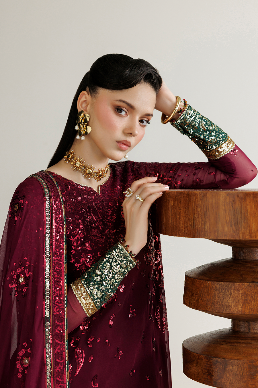 Deep Wine Embroidered Chiffon 3-Piece Suit with Contrasting Borders