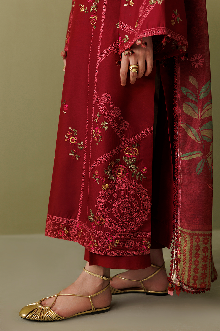 Deep Red Embroidered Lawn Suit with Cambric Trousers and Printed Chiffon Dupatta