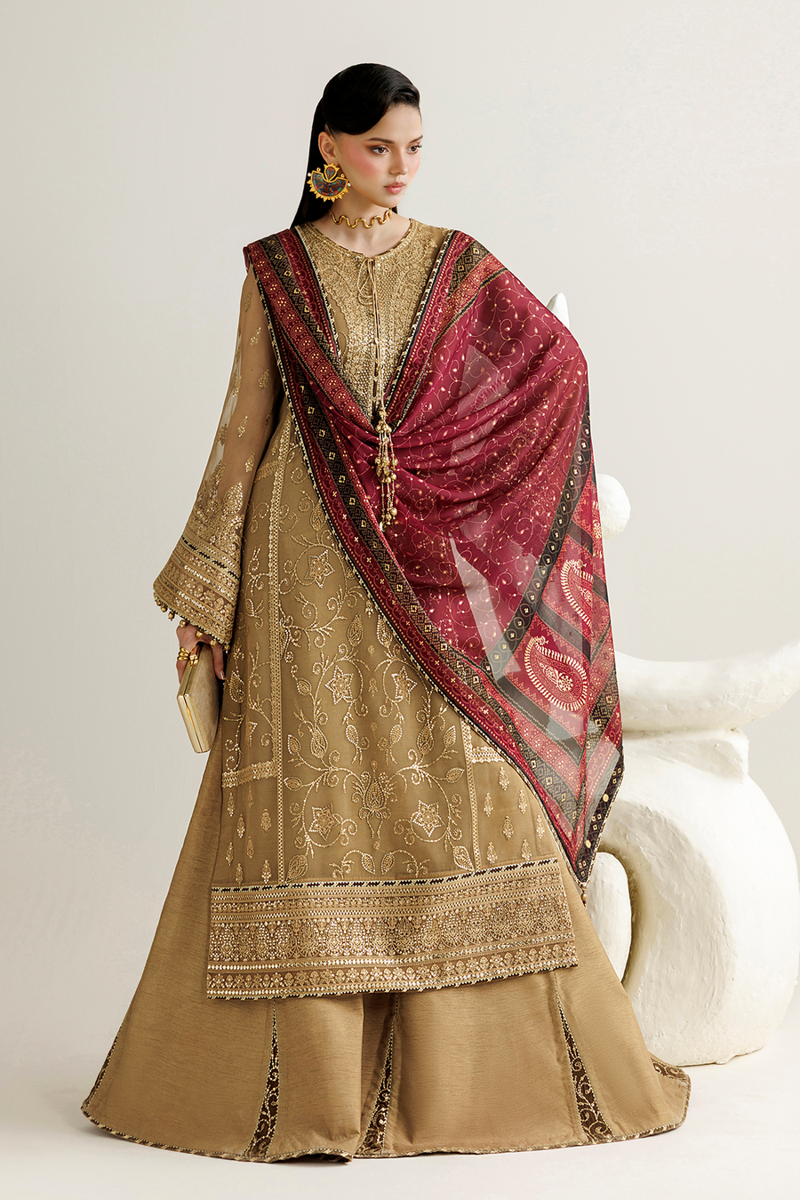 Golden Beige Embroidered Chiffon 3-Piece Suit with Burgundy Tissue Silk Dupatta