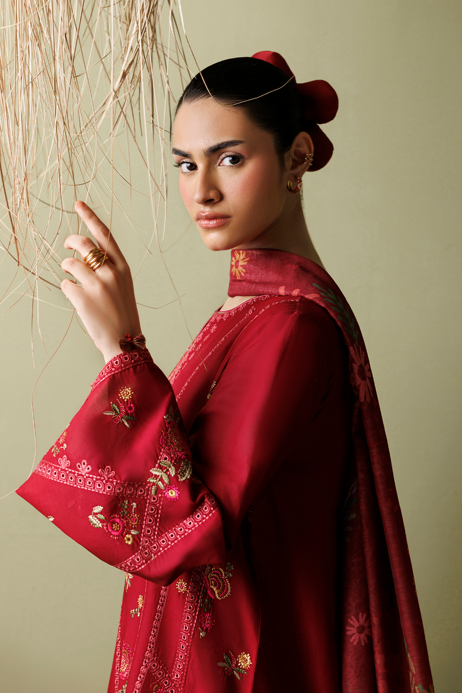 Deep Red Embroidered Lawn Suit with Cambric Trousers and Printed Chiffon Dupatta