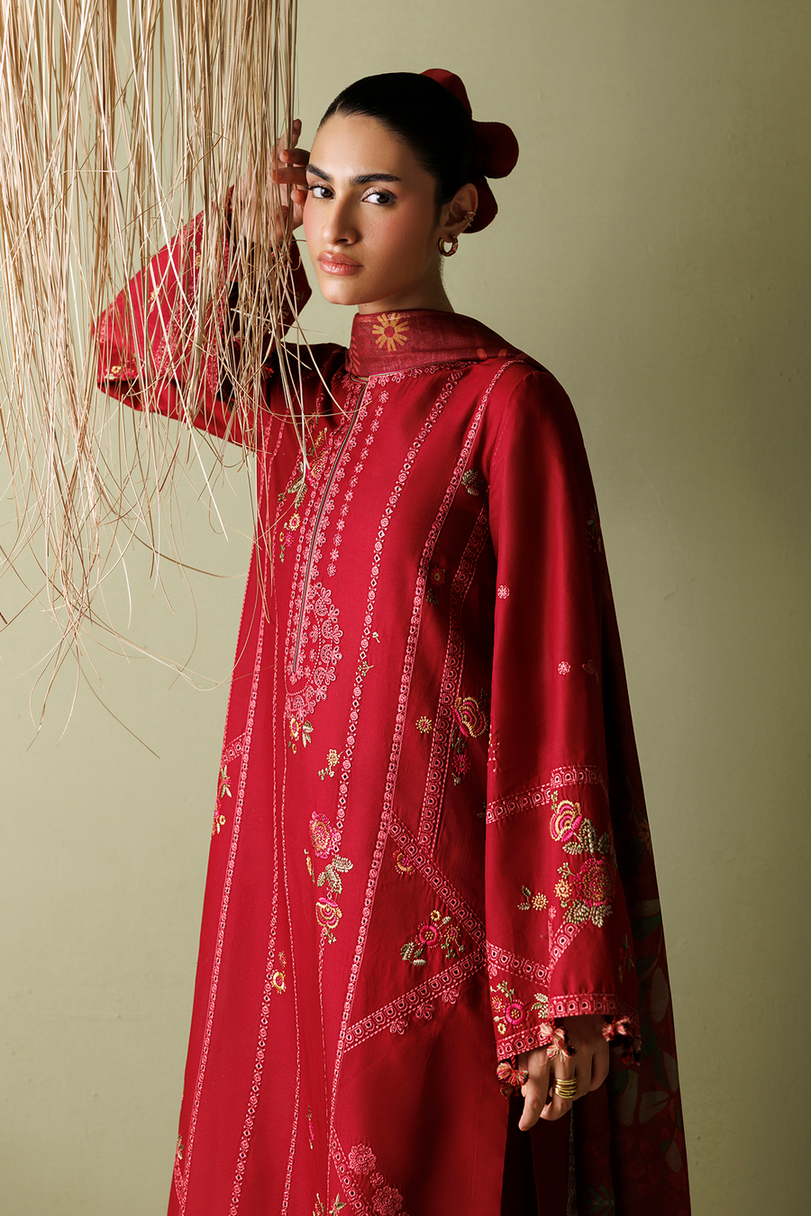Deep Red Embroidered Lawn Suit with Cambric Trousers and Printed Chiffon Dupatta