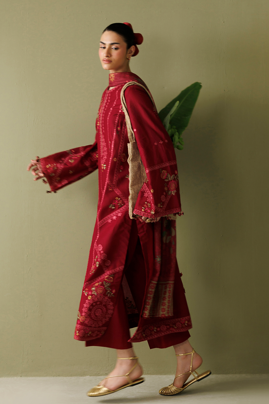 Deep Red Embroidered Lawn Suit with Cambric Trousers and Printed Chiffon Dupatta