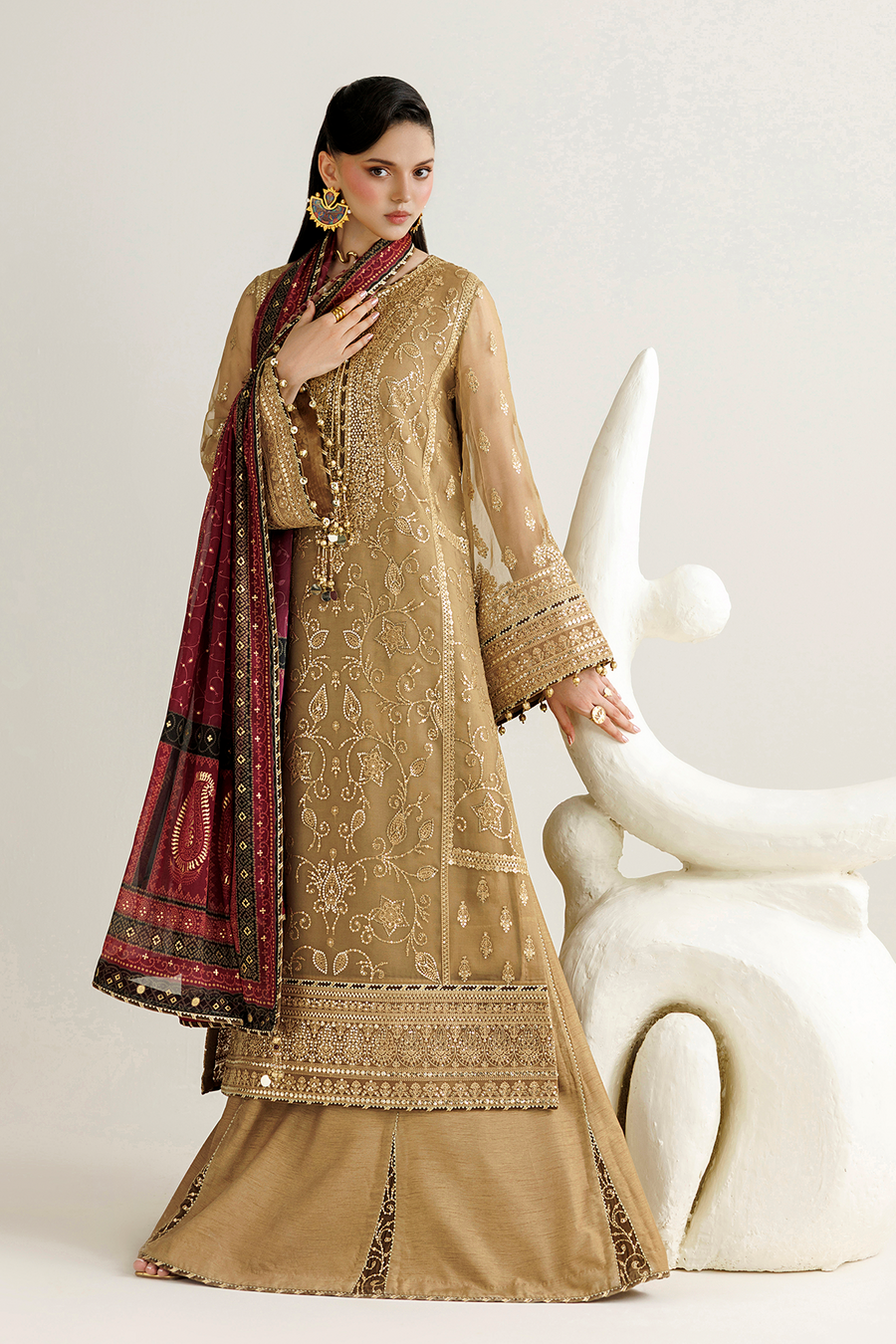 Golden Beige Embroidered Chiffon 3-Piece Suit with Burgundy Tissue Silk Dupatta