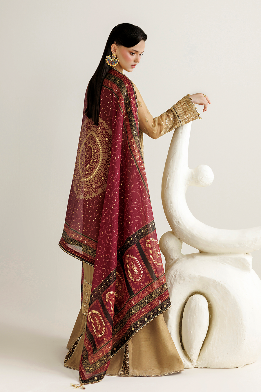 Golden Beige Embroidered Chiffon 3-Piece Suit with Burgundy Tissue Silk Dupatta