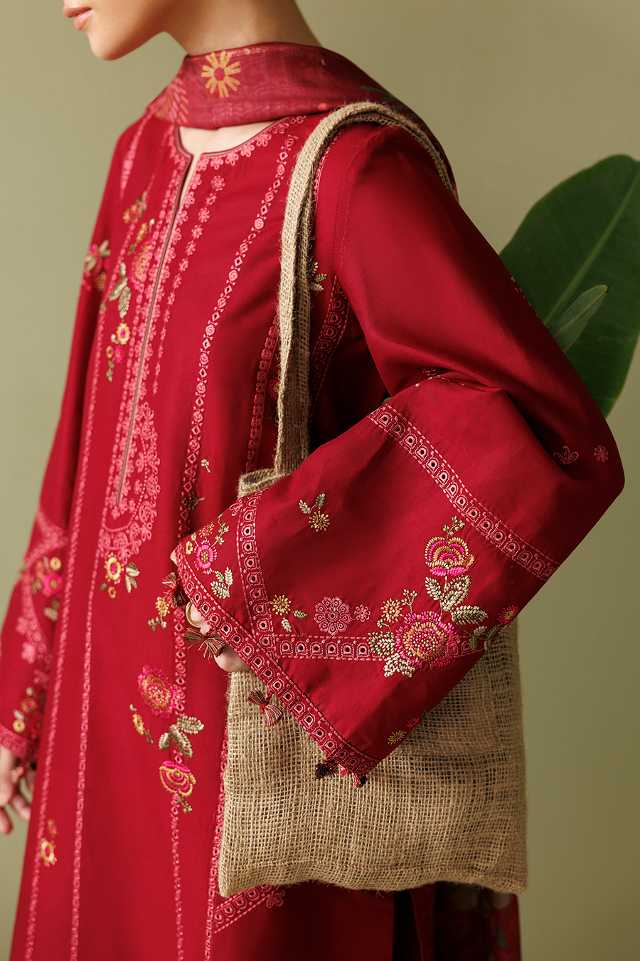 Deep Red Embroidered Lawn Suit with Cambric Trousers and Printed Chiffon Dupatta