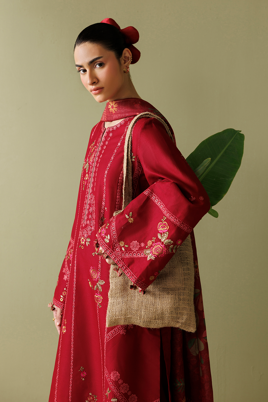 Deep Red Embroidered Lawn Suit with Cambric Trousers and Printed Chiffon Dupatta