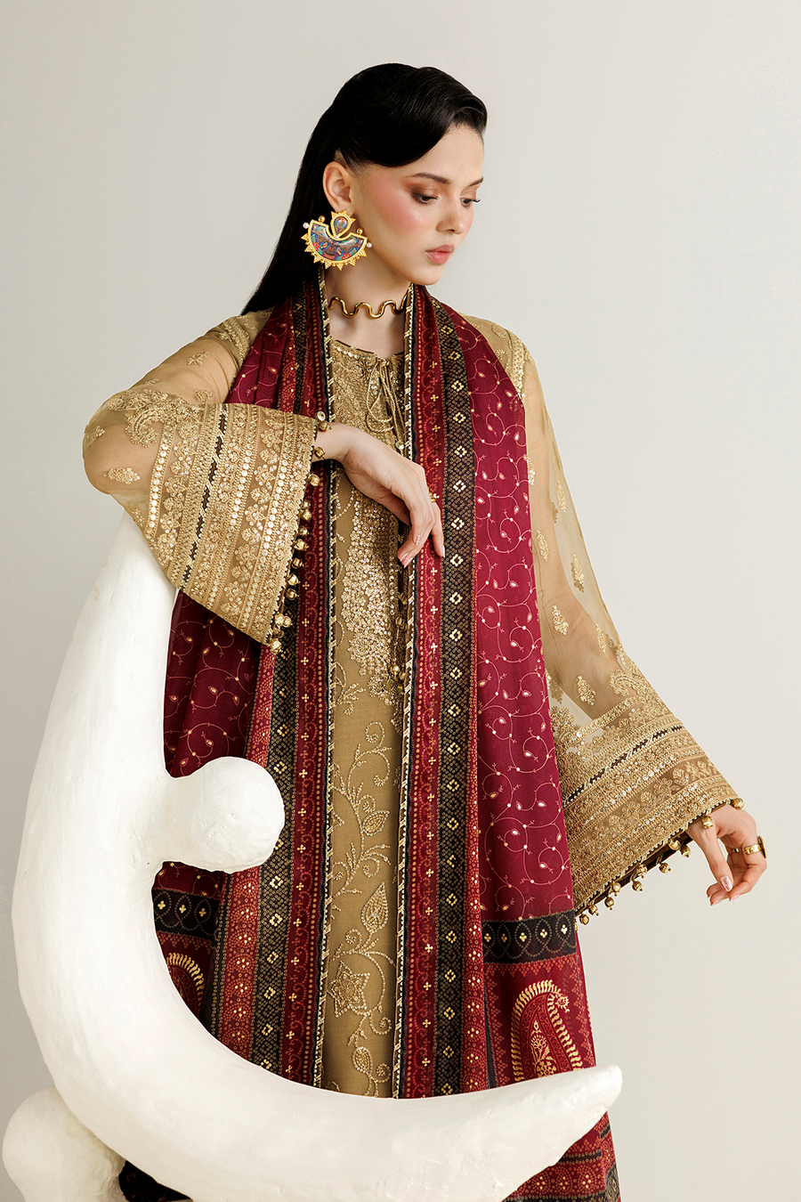 Golden Beige Embroidered Chiffon 3-Piece Suit with Burgundy Tissue Silk Dupatta