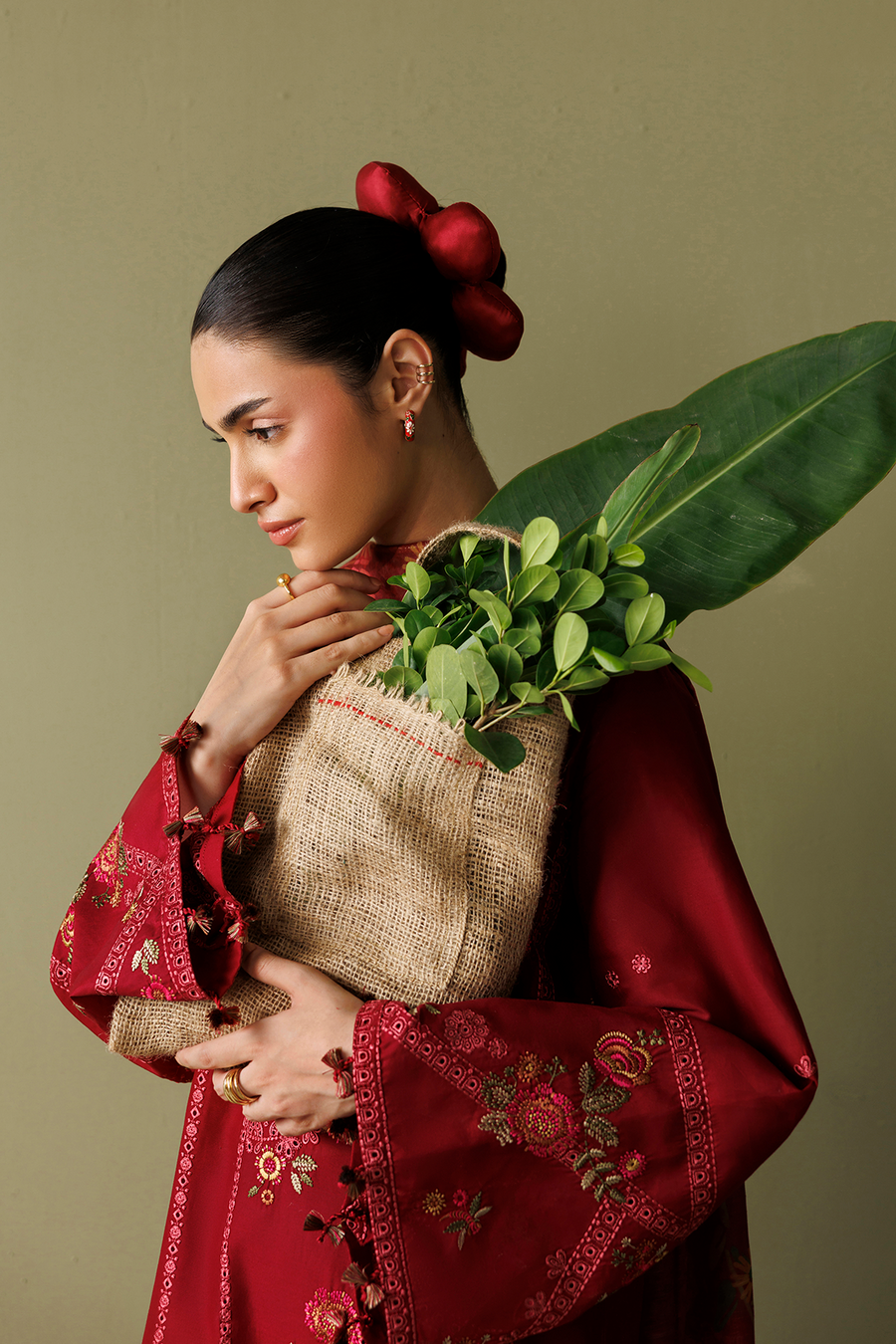 Deep Red Embroidered Lawn Suit with Cambric Trousers and Printed Chiffon Dupatta