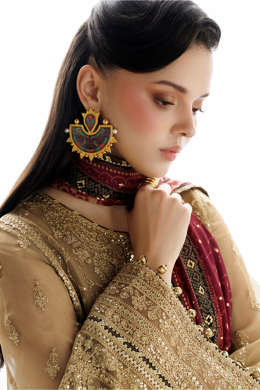 Golden Beige Embroidered Chiffon 3-Piece Suit with Burgundy Tissue Silk Dupatta