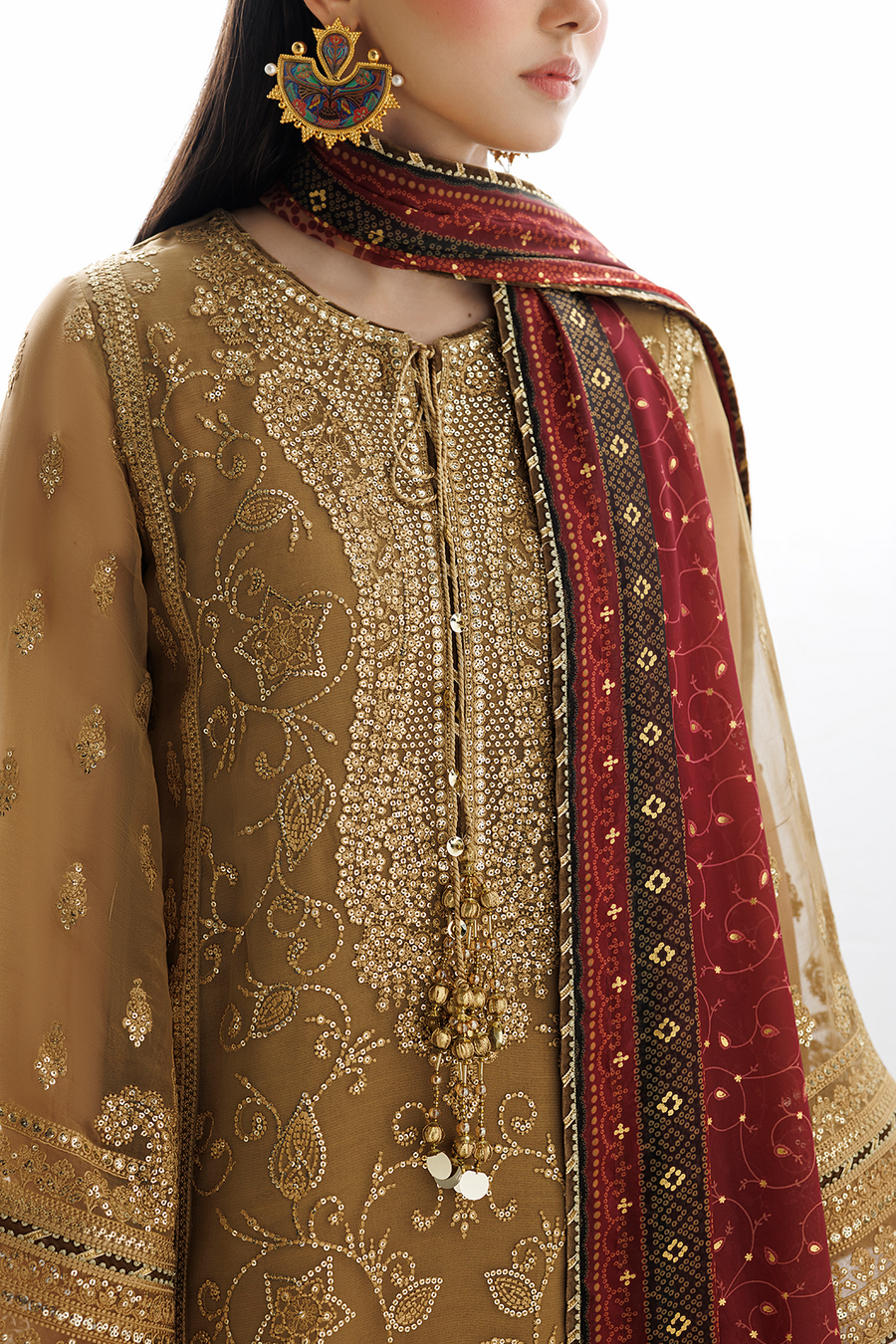 Golden Beige Embroidered Chiffon 3-Piece Suit with Burgundy Tissue Silk Dupatta