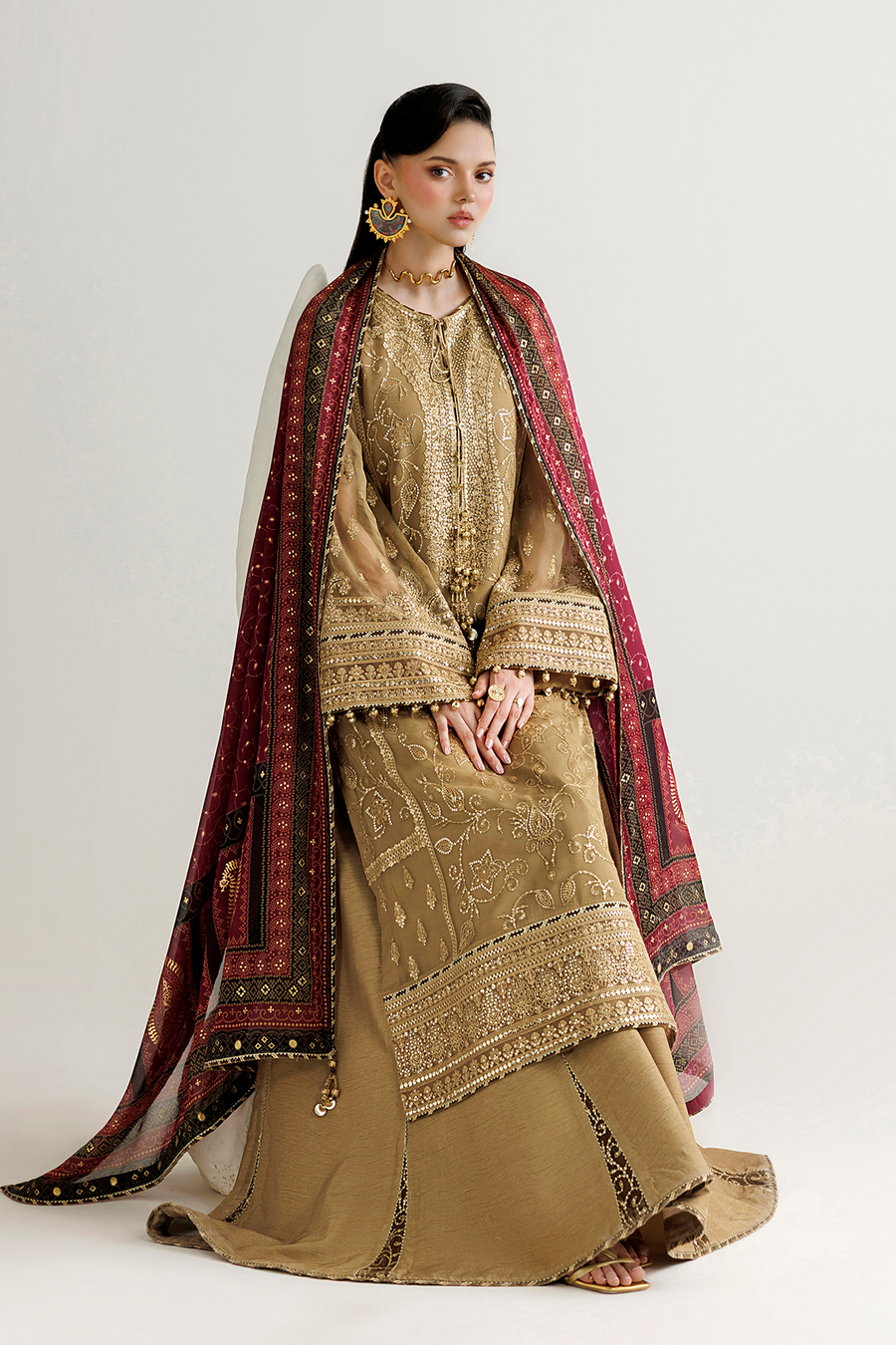 Golden Beige Embroidered Chiffon 3-Piece Suit with Burgundy Tissue Silk Dupatta