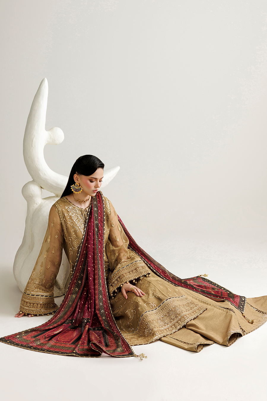 Golden Beige Embroidered Chiffon 3-Piece Suit with Burgundy Tissue Silk Dupatta