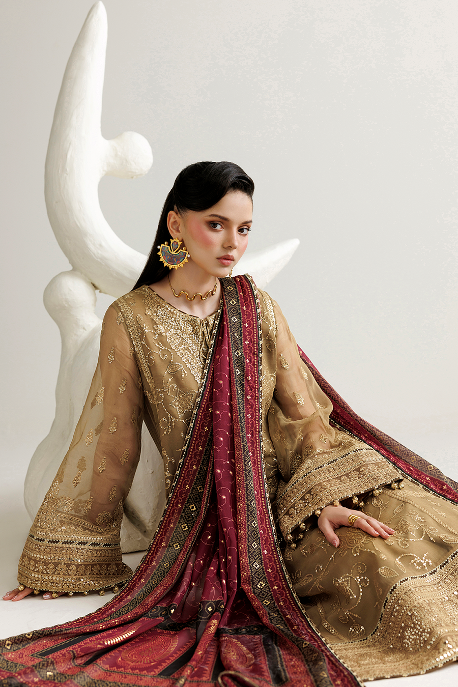 Golden Beige Embroidered Chiffon 3-Piece Suit with Burgundy Tissue Silk Dupatta